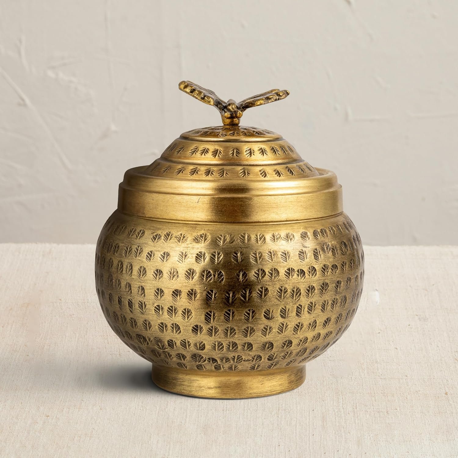 Creative Co-Op Round Hammered Metal Container with Butterfly Finial, Brass Finish - Image 9