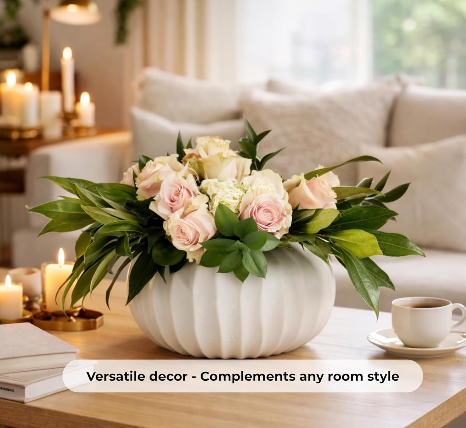Pots & Patterns 11" Large White Ceramic Flower Vase - Modern Ribbed Low Profile Centerpiece for Dining Table & Home Decor - Image 3