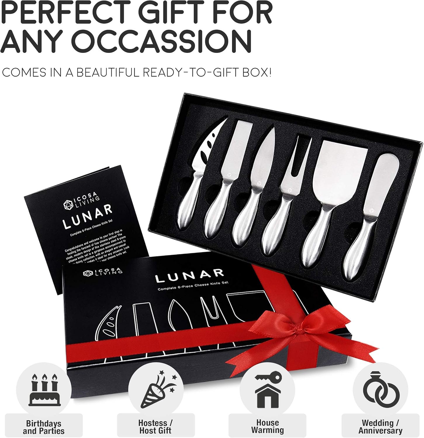 Lunar 6-Piece Cheese Knife Set - Premium Stainless Steel Cheese Knives Collection - Charcuterie Board Accessories Gift Ready w/ 15 Festive Recipes - Image 3
