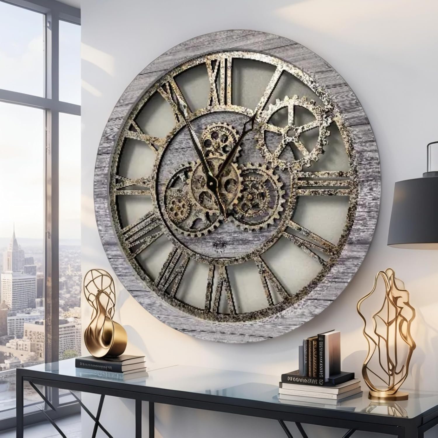 The Gear Clock - The Original Real Gears Moving Vintage Industrial Large Size Rustic Wall Clock (24 Inch, 60 cm), Silver Grey - Image 4