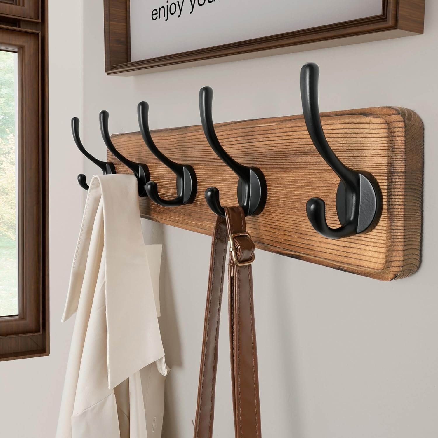 SKOLOO Rustic Wall Mounted Coat Rack with 16 Inch Mounting Hole Distance, Pine Solid Wood Coat Hook Hanger - 5 Hooks for Hanging Clothes Robes Towels Coats - Image 2