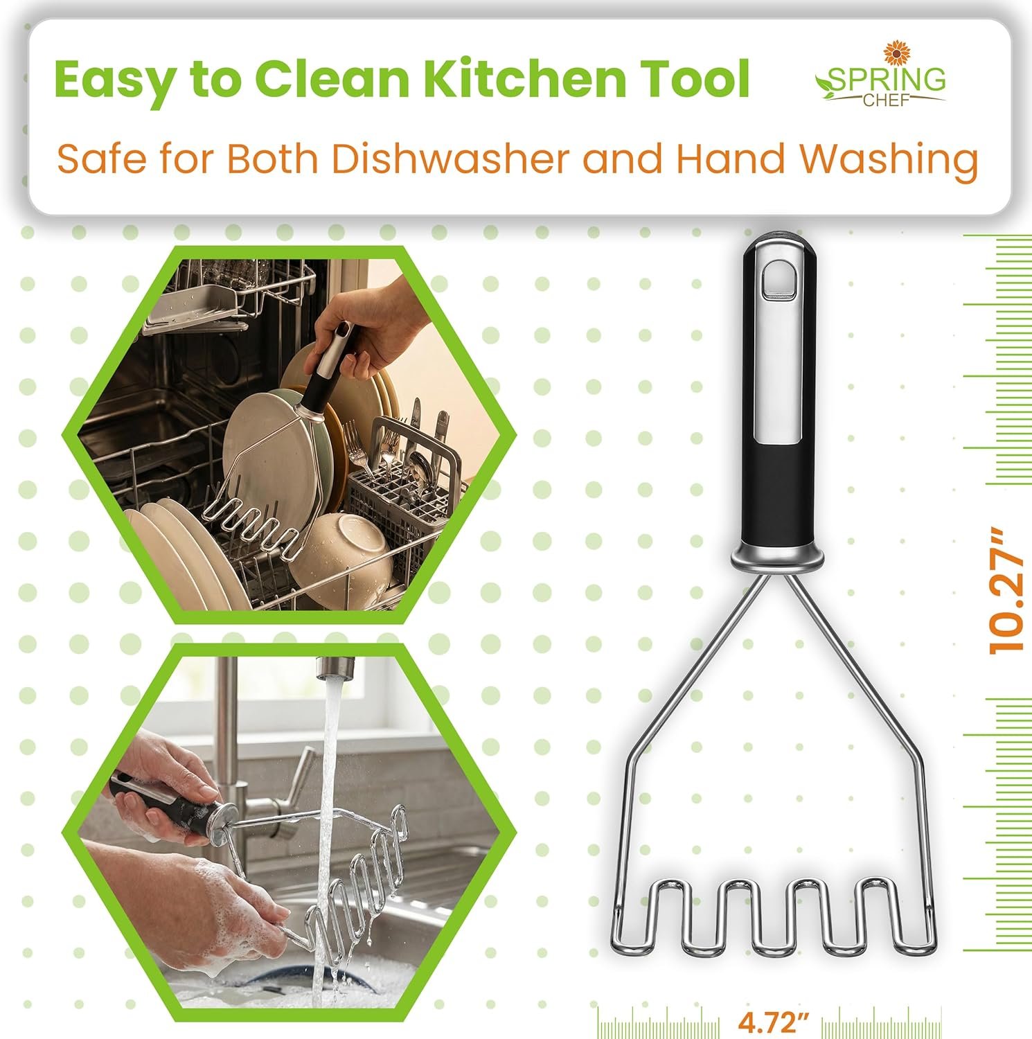 Spring Chef Potato Masher Stainless Steel - Heavy Duty Mashed Potato Masher Kitchen Tool - Fruit & Food Smasher For Avocado, Banana, Eggs - Bean Smasher Tool - Durable Metal Mashing Utensil - Image 5