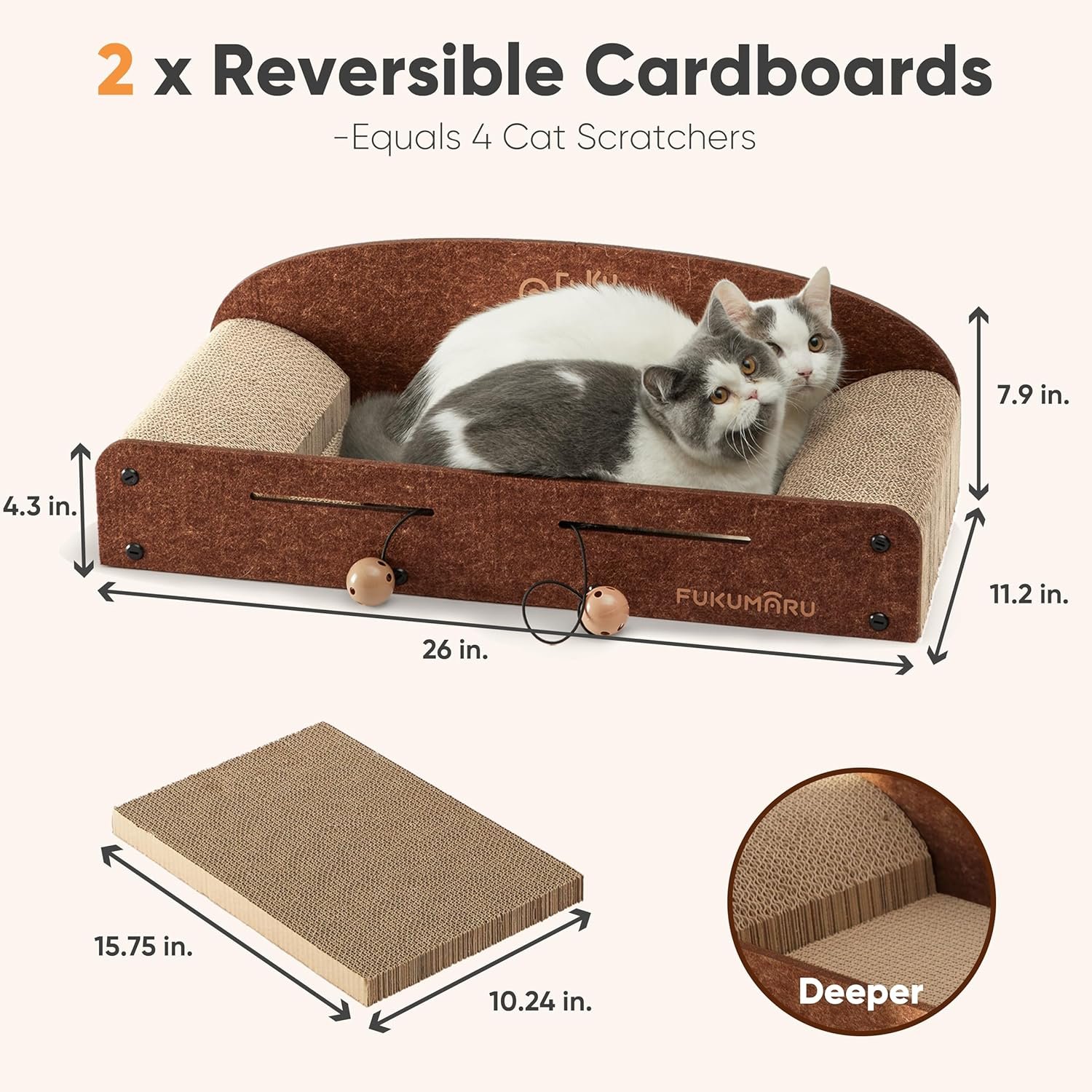 FUKUMARU 26 Inch Cat Scratcher Bed, 2 Reversible Cardboard Cat Scratch Pads Refill for Indoor Cats, Durable Large Cats Scratching Bed Sofa Couch Lounger with Fun Toys, Furniture Protector, Caramel - Image 6
