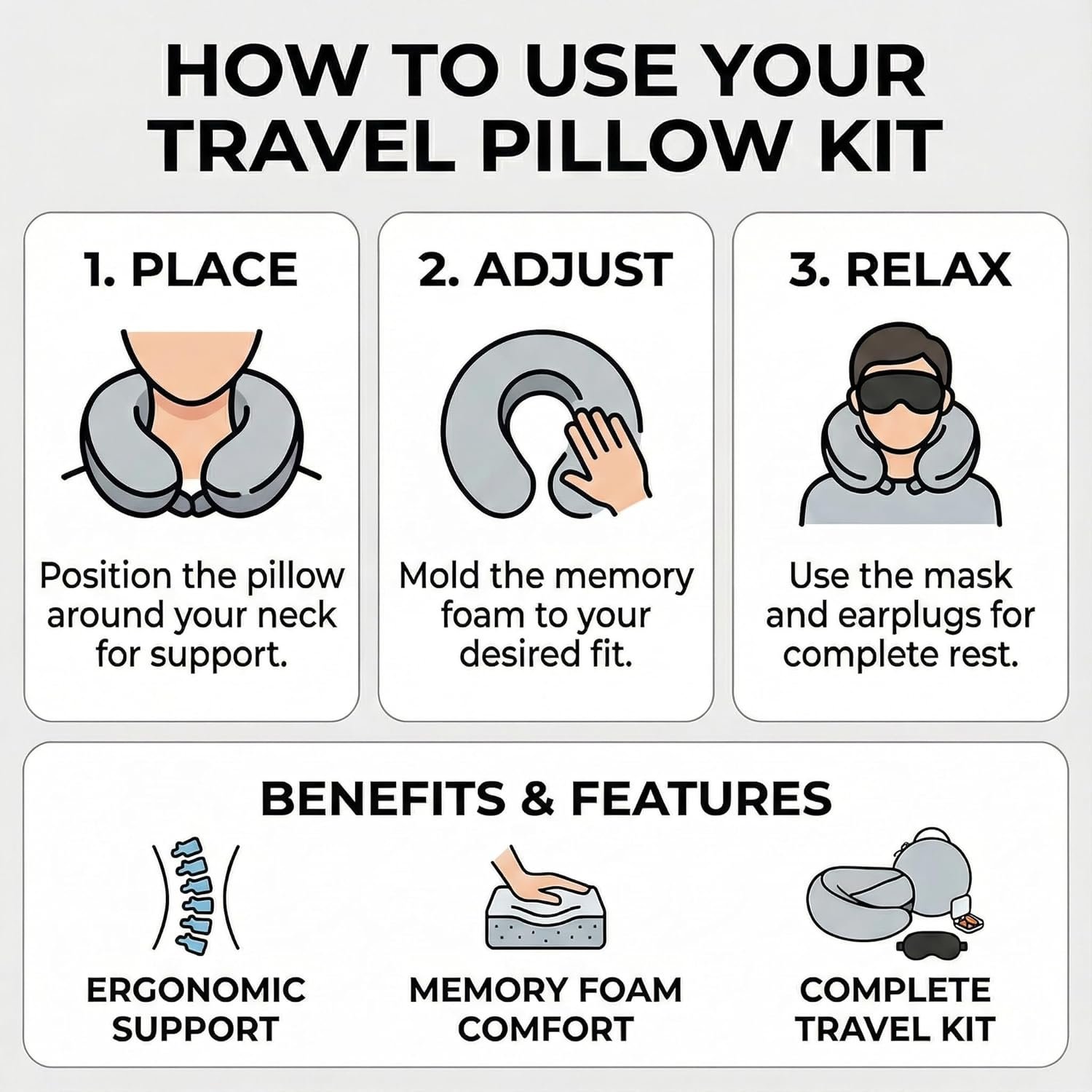 Travel Neck Pillow with Memory Foam & Chin Support – Includes Cute Macaron EVA Water-Resistant Carry Case, Eye Mask & Ear Plugs (Light Gray) - Image 8