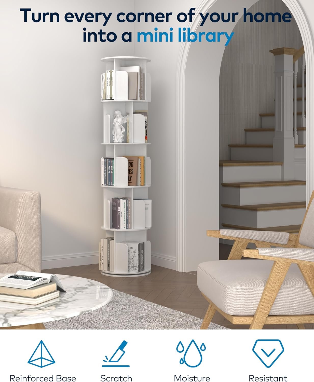 Rotating Bookshelf 5 Tier Tower, Round Spinning Bookcase 360° Revolving, MDF Kids Bookshelf with Adjustable Shelves for Small Spaces, Corner, Office, Easy Assembly Sturdy Organizer - Image 3