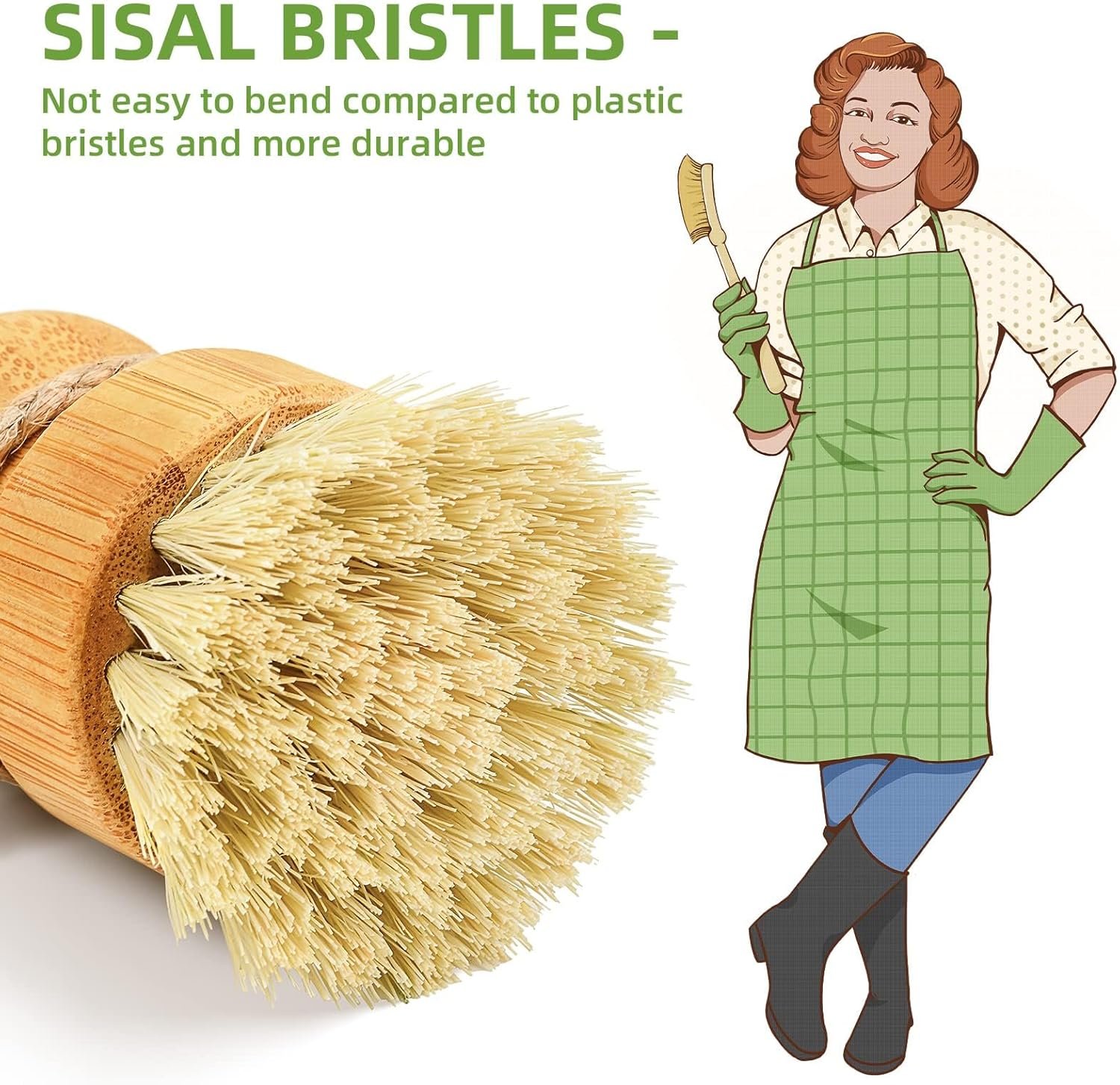 SUBEKYU Bamboo Dish Scrub Brush for Kitchen Sink, Natural Wooden Washing Dish Brush Scrubber with Sisal Bristles for Household Cleaning, Cast Iron Pots, Pans and Vegetables - Image 2