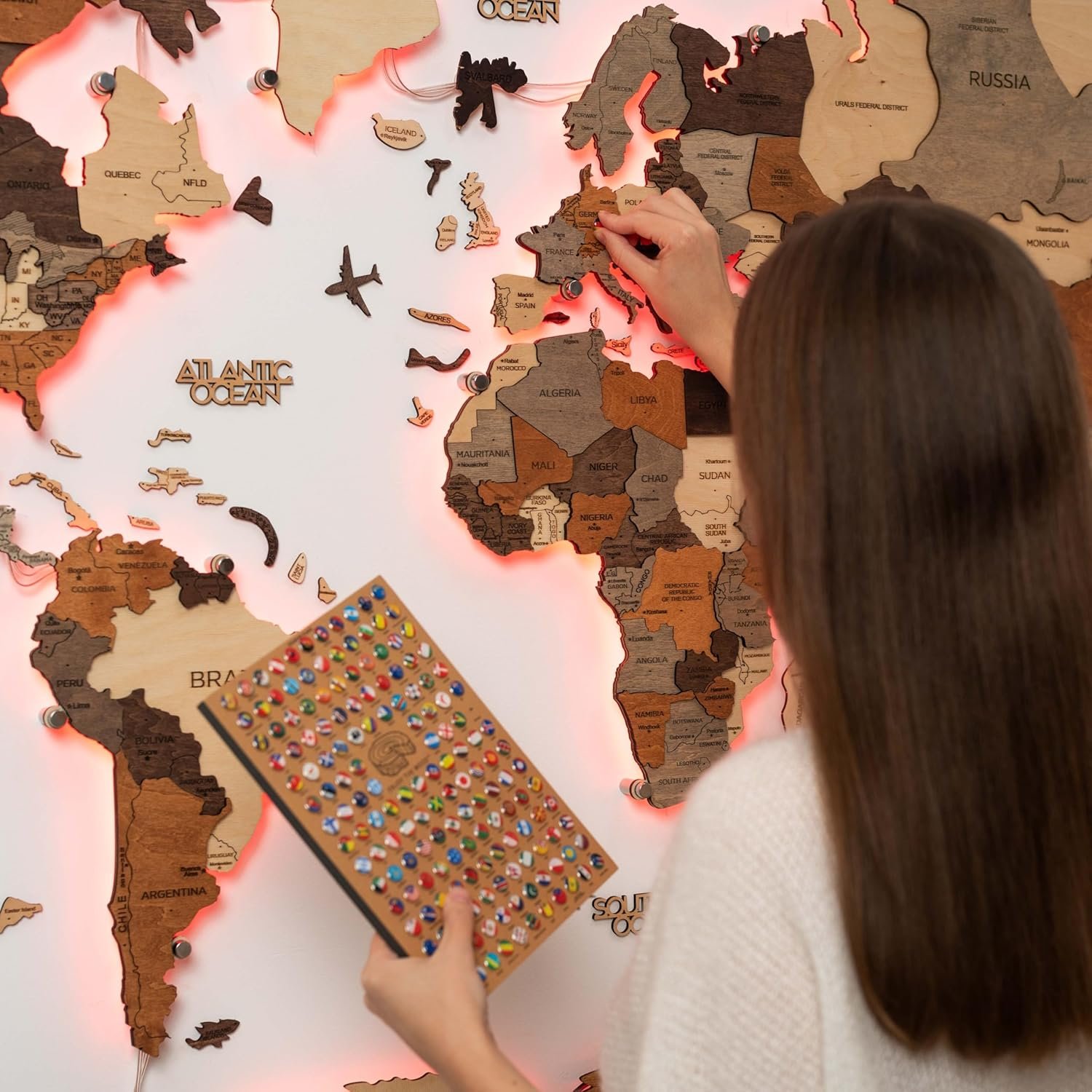 Enjoy The Wood 3D LED 3.0 Wood World Map Wall Art Modern Home Decor Gifts LED Lighting Wall Decor Housewarming Gift Idea Travel Wooden Maps Pinboard with Backlighting (Wall Art) - Image 7