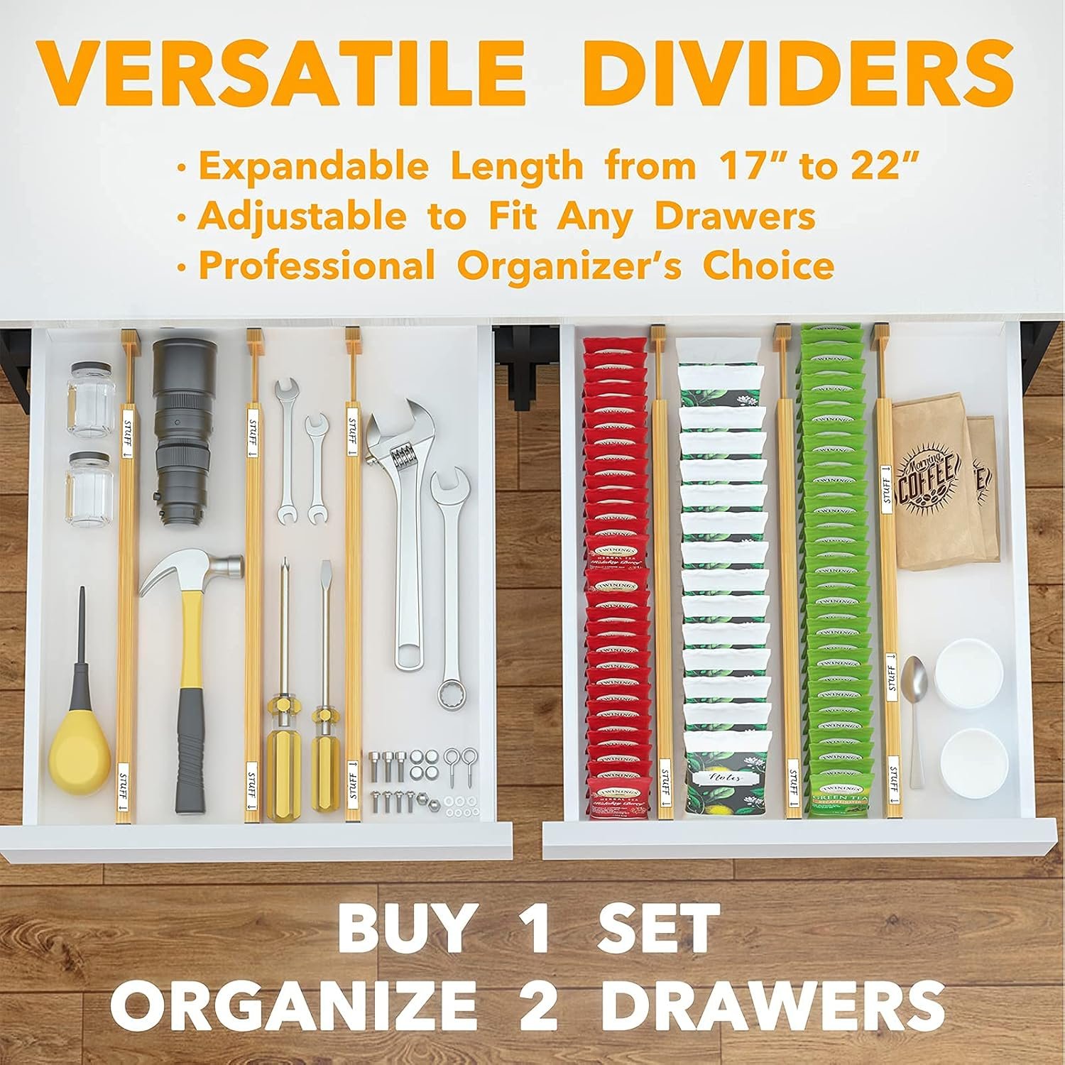 SpaceAid Bamboo Drawer Dividers with Labels, Kitchen Adjustable Drawer Organizers, Expandable Organization for Home, Office, Dressers and Bathroom, 6 Dividers (17-22 in) - Image 5