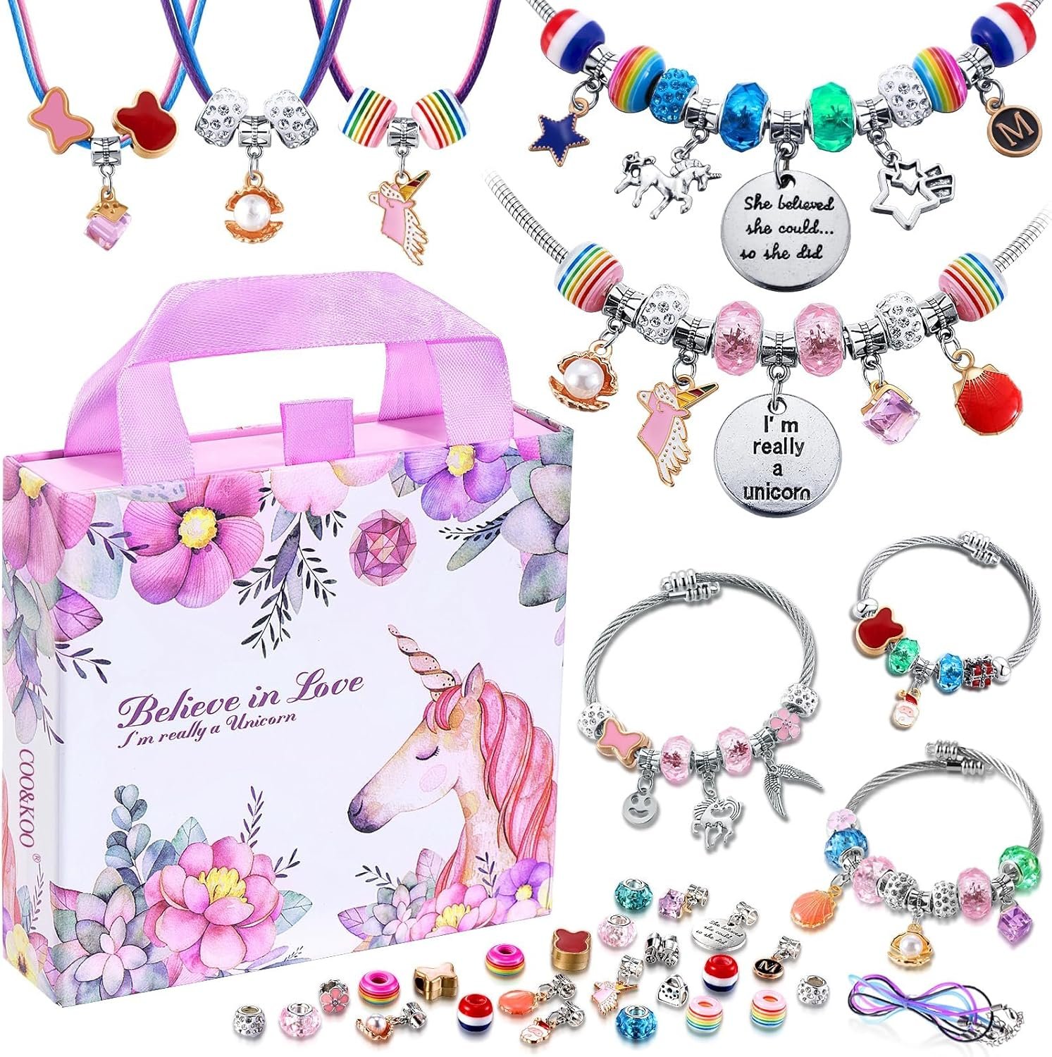 Girls Charm Bracelet Making Kit: Unicorn Toys for Girls Gifts 8-12 Years Old, Birthday Gifts 6 7 8 9 10 Year Old Girl Gift Ideas, Inspires Creativity Art and Crafts for Kids Age 6-8 Jewelry Making Set