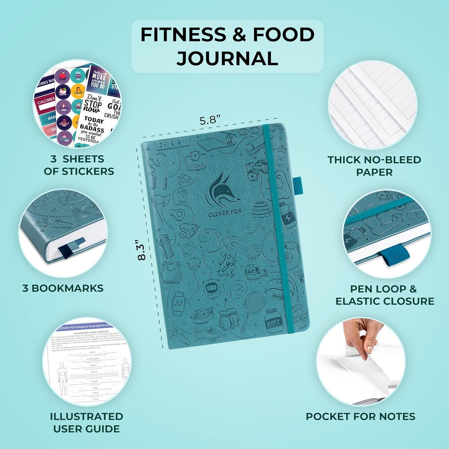 Clever Fox Fitness & Food Journal – Nutrition & Workout Planner for Women & Men – Diet & Gym Exercise Log Book with Calendars, Diet & Training Trackers - Undated, A5 Size, Hardcover (Aquamarine) - Image 2