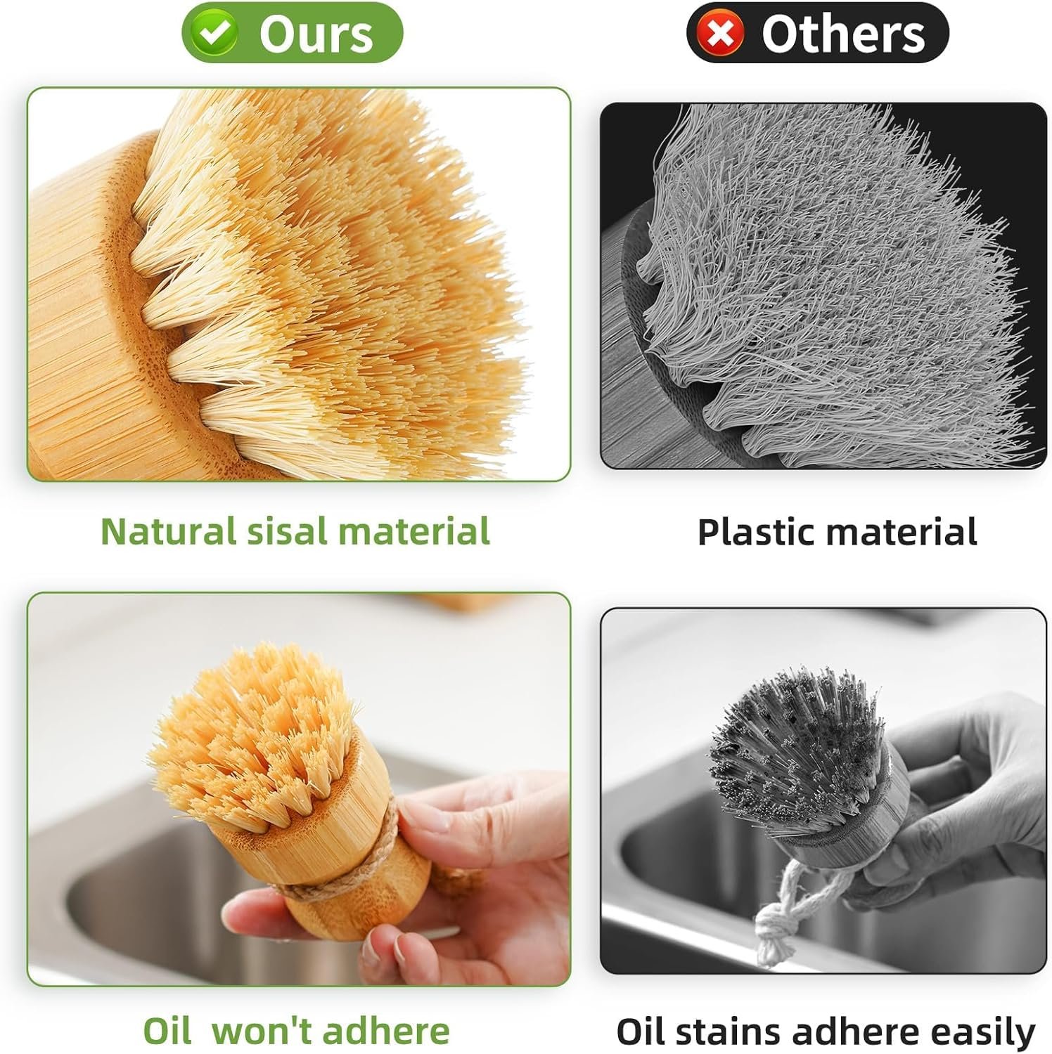 SUBEKYU Bamboo Dish Scrub Brush for Kitchen Sink, Natural Wooden Washing Dish Brush Scrubber with Sisal Bristles for Household Cleaning, Cast Iron Pots, Pans and Vegetables - Image 3
