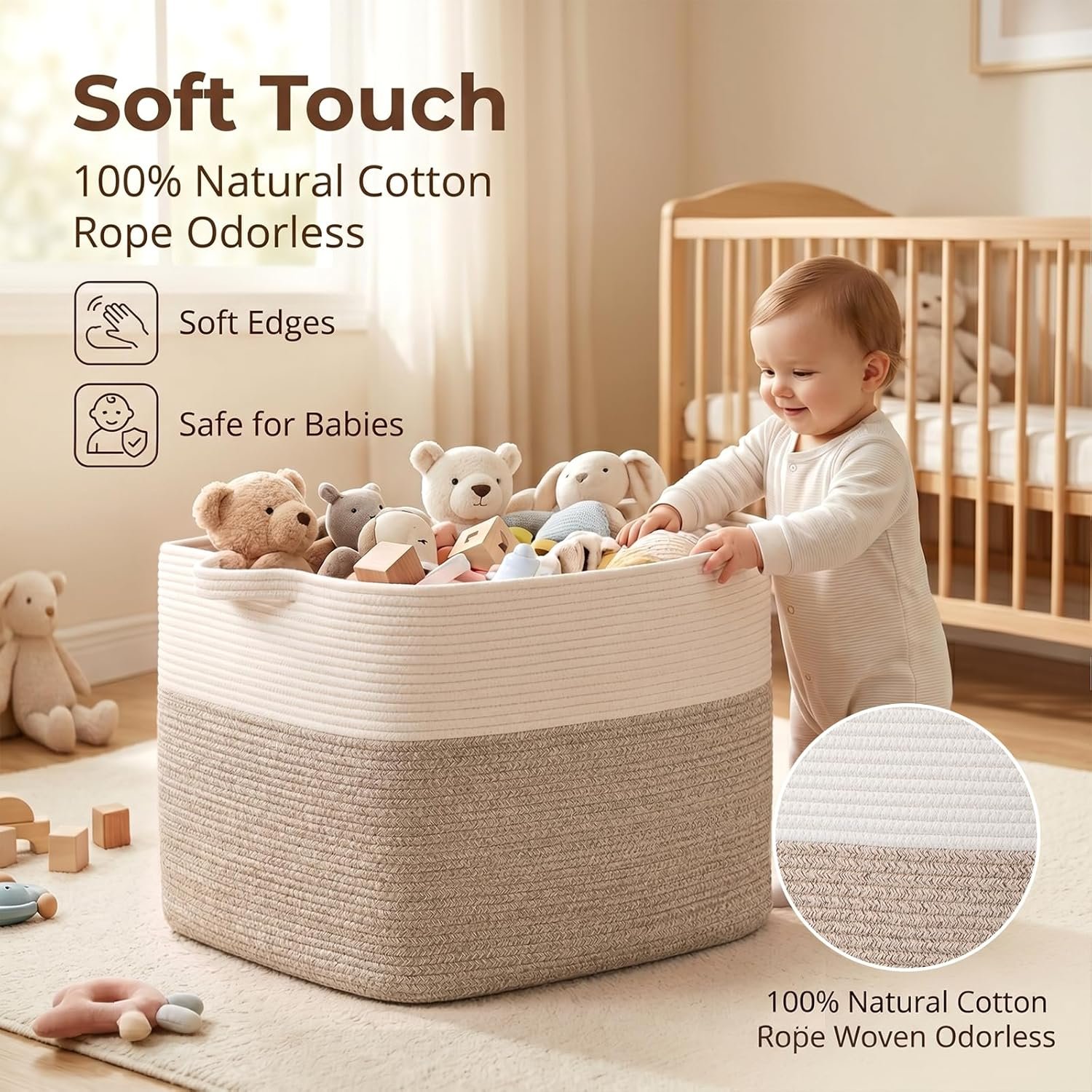 OIASKET 108L Cotton Rope Storage Basket for Living Room and Bedroom 25"x16"x16" Woven Laundry Basket, Heavy Duty Bin for Blankets, Pillows & Toys, Pet-Safe & Scratch-Free, Brown and White - Image 4