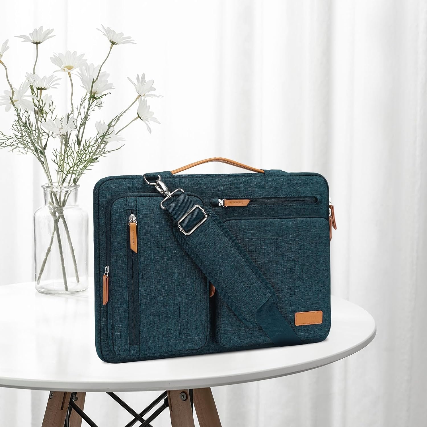 MOSISO 360 Protective Laptop Shoulder Bag,13-13.3 inch Computer Bag Compatible with MacBook Pro 14, HP, Dell, Lenovo, Asus Notebook,Side Open Messenger Bag with 4 Zipper Pockets&Handle, Teal Green - Image 3