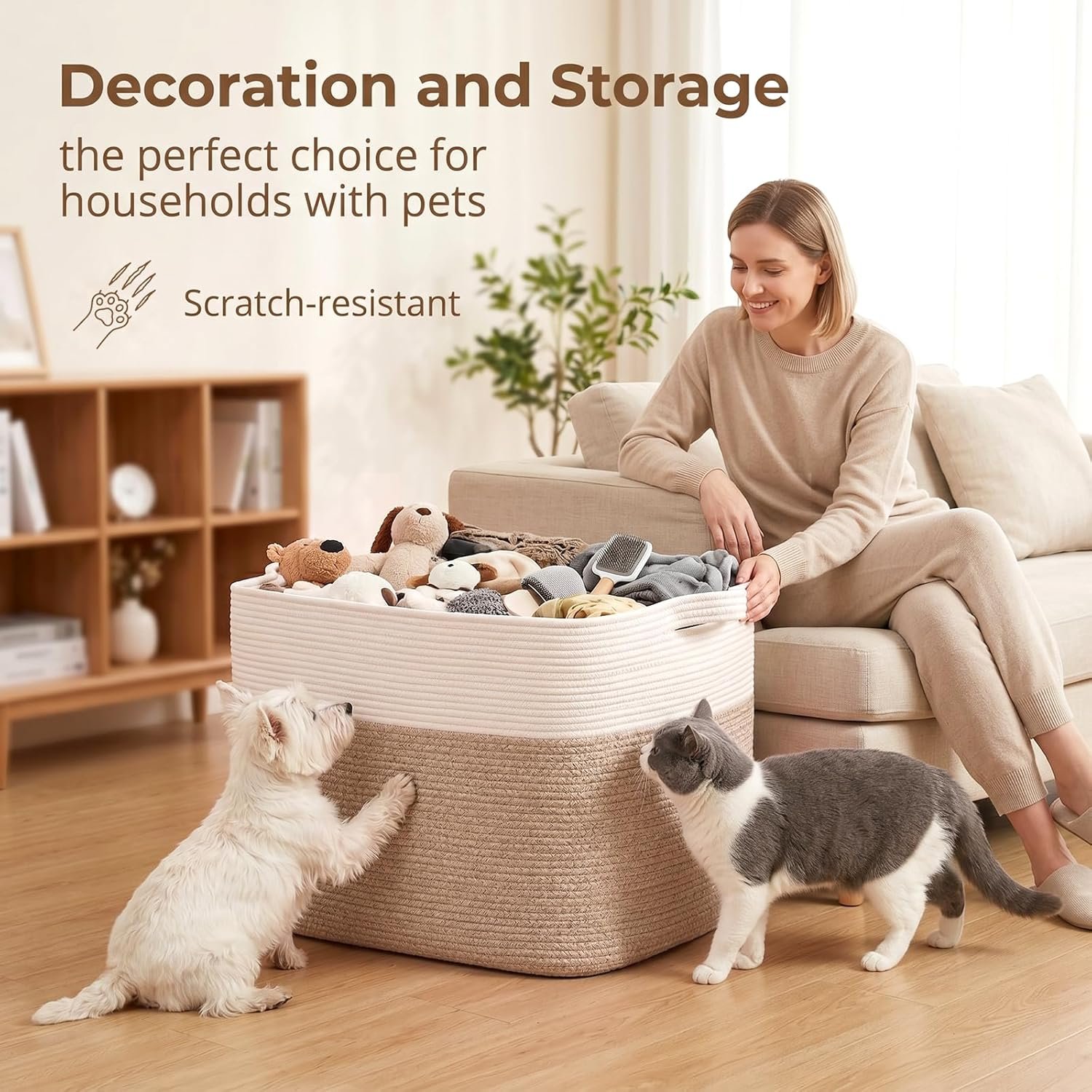 OIASKET 108L Cotton Rope Storage Basket for Living Room and Bedroom 25"x16"x16" Woven Laundry Basket, Heavy Duty Bin for Blankets, Pillows & Toys, Pet-Safe & Scratch-Free, Brown and White - Image 5