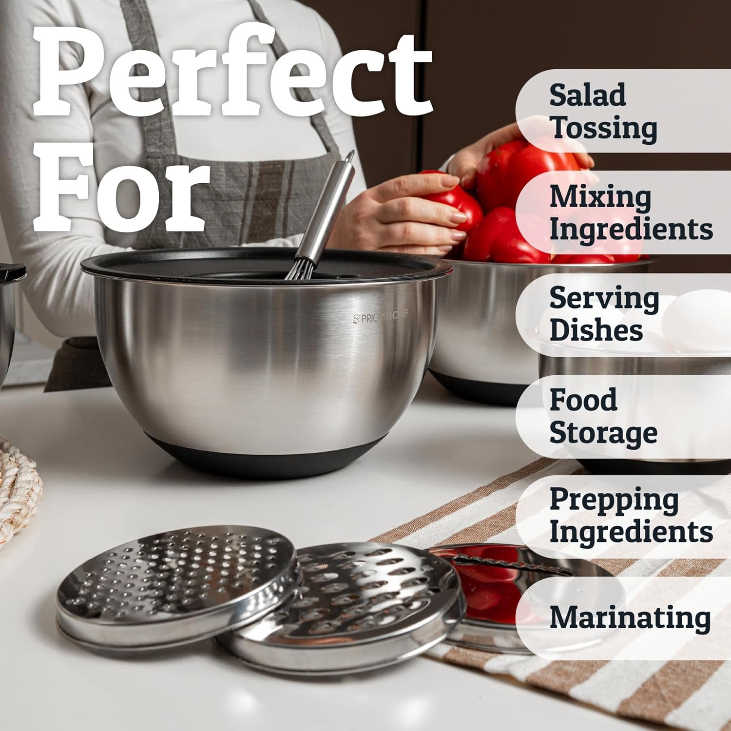 Priority Chef Stainless Steel Mixing Bowls with Lids Set, 3 Grater Attachments, Airtight Lids, Non-Slip Silicone Base Mixing Bowl Set, Large Prep Metal Mixing Bowls for Kitchen, Black - Image 5