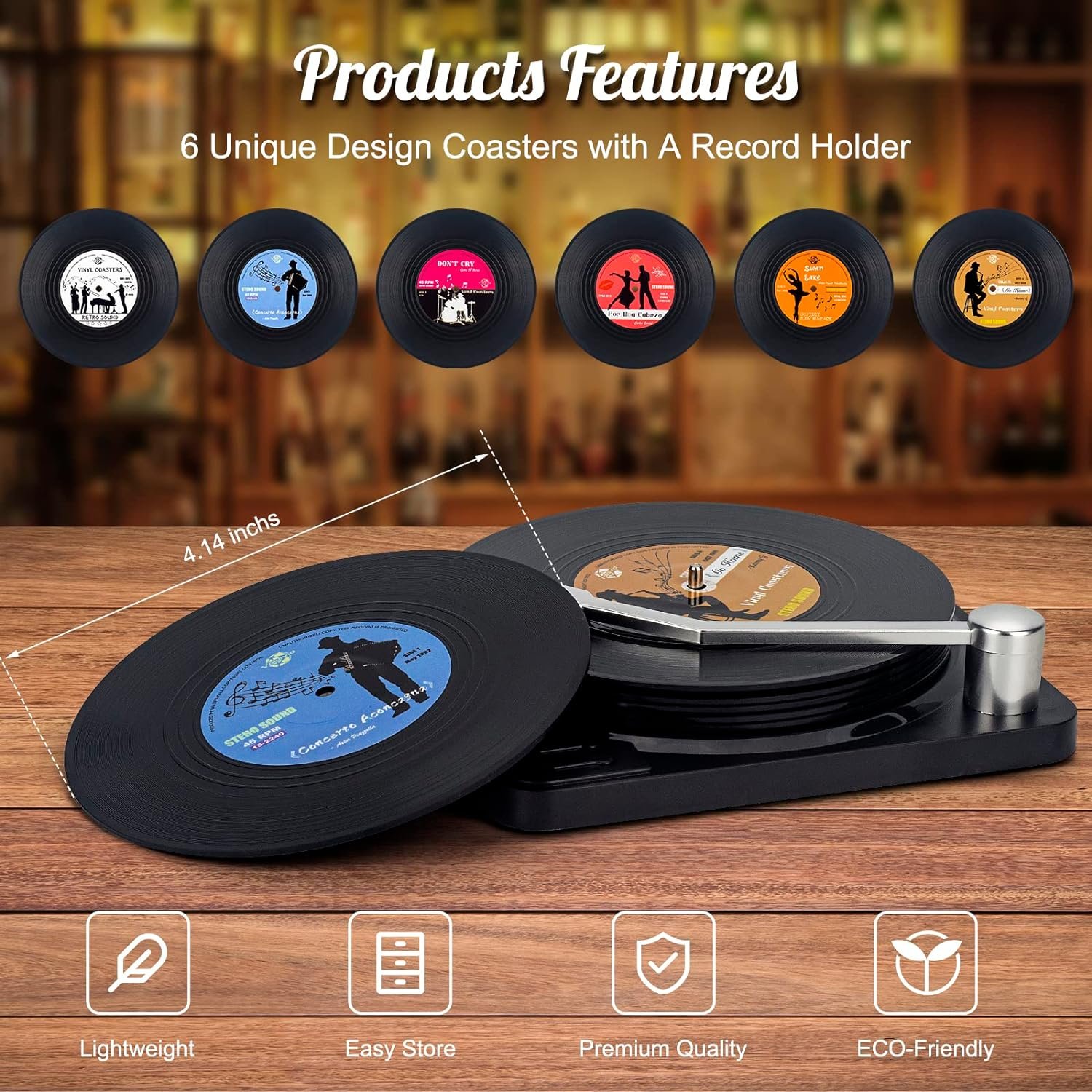 Valdivia Funny Retro Vinyl Record Coasters with Player, 6 Pcs Music Coasters for Drinks, Bars, Cafes, Office, Birthday Gifts for Music Lovers, Home Decor Housewarming and White Elephant Gifts Ideas - Image 2