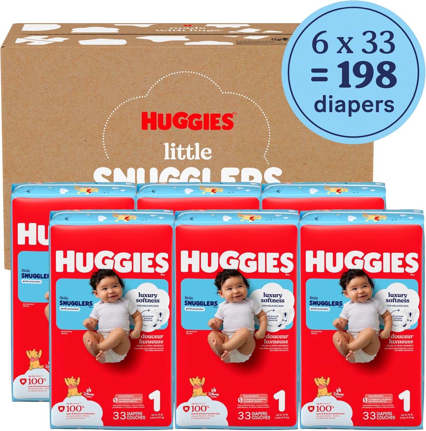 Huggies Size 1 Diapers, Little Snugglers Diapers, Size 1 (8-14 lbs), 198 Count (6 Packs of 33), Packaging May Vary - Image 2