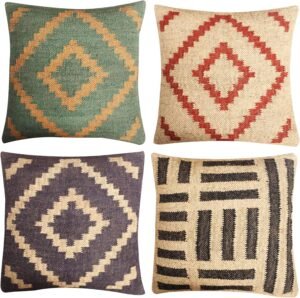 Set of 4 Geometric Wool Jute Square...