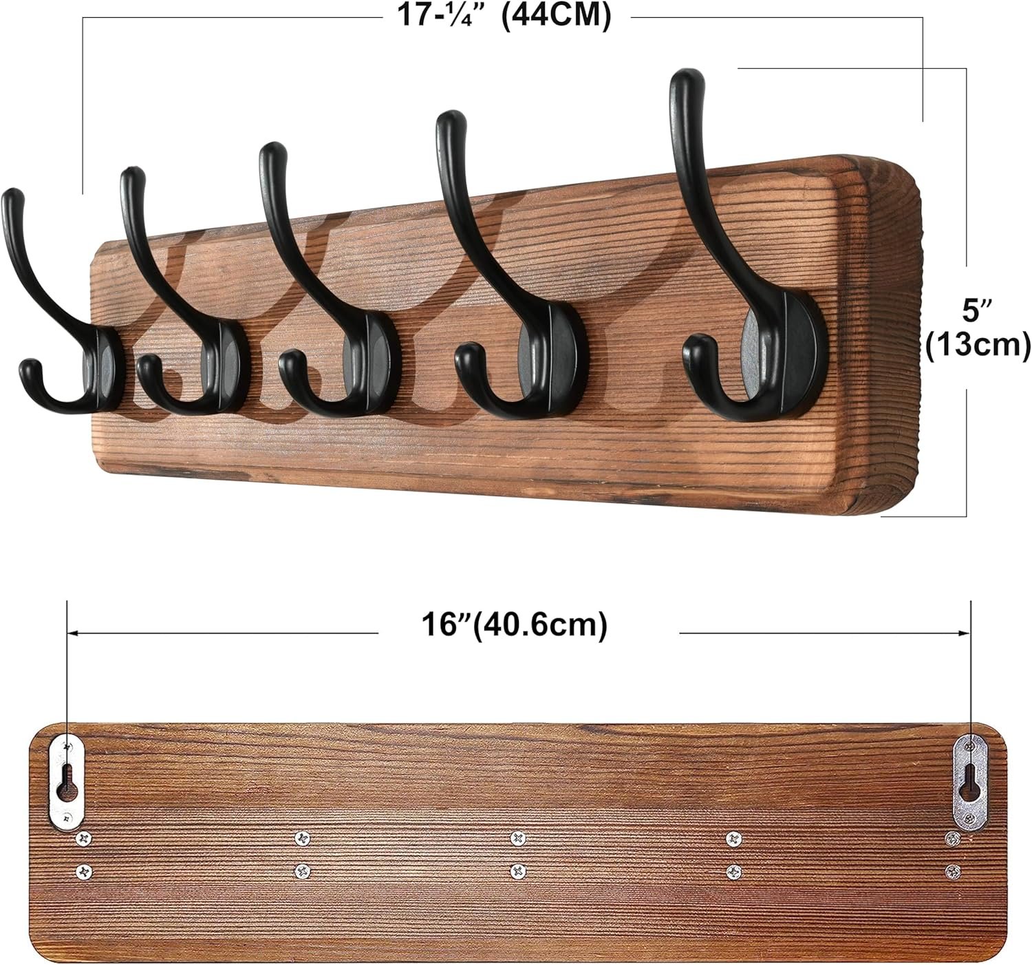 SKOLOO Rustic Wall Mounted Coat Rack with 16 Inch Mounting Hole Distance, Pine Solid Wood Coat Hook Hanger - 5 Hooks for Hanging Clothes Robes Towels Coats - Image 6
