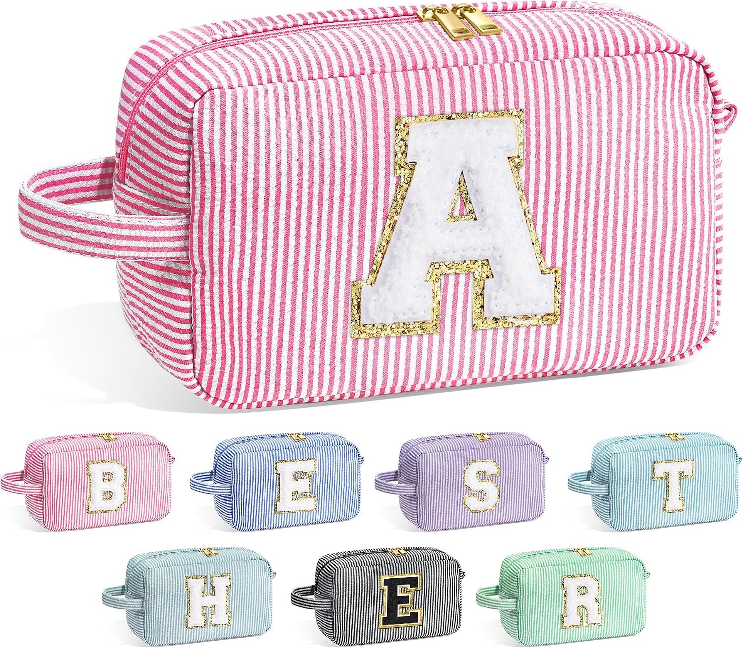 YOOLIFE Gifts for Girls Women - Initial Makeup Bag Cosmetic Bag Toiletry Pouch, Personalized Birthday Gifts for 3 4 5 6 7 8 9 10 Year Old Girl Sister Friends, Pink A