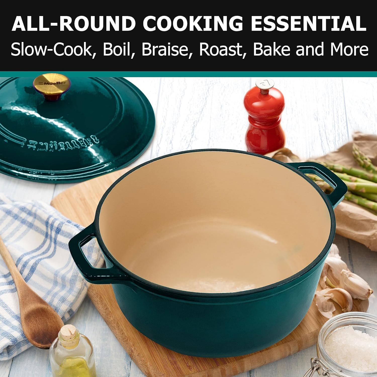 Mueller DuraCast 6 Quart Enameled Cast Iron Dutch Oven Pot with Lid, Sourdough Bread Baking, PFOA-Free, 500°F Oven Safe - All Cooktops incl. Induction, Braising & Slow Cooking, Emerald - Image 7