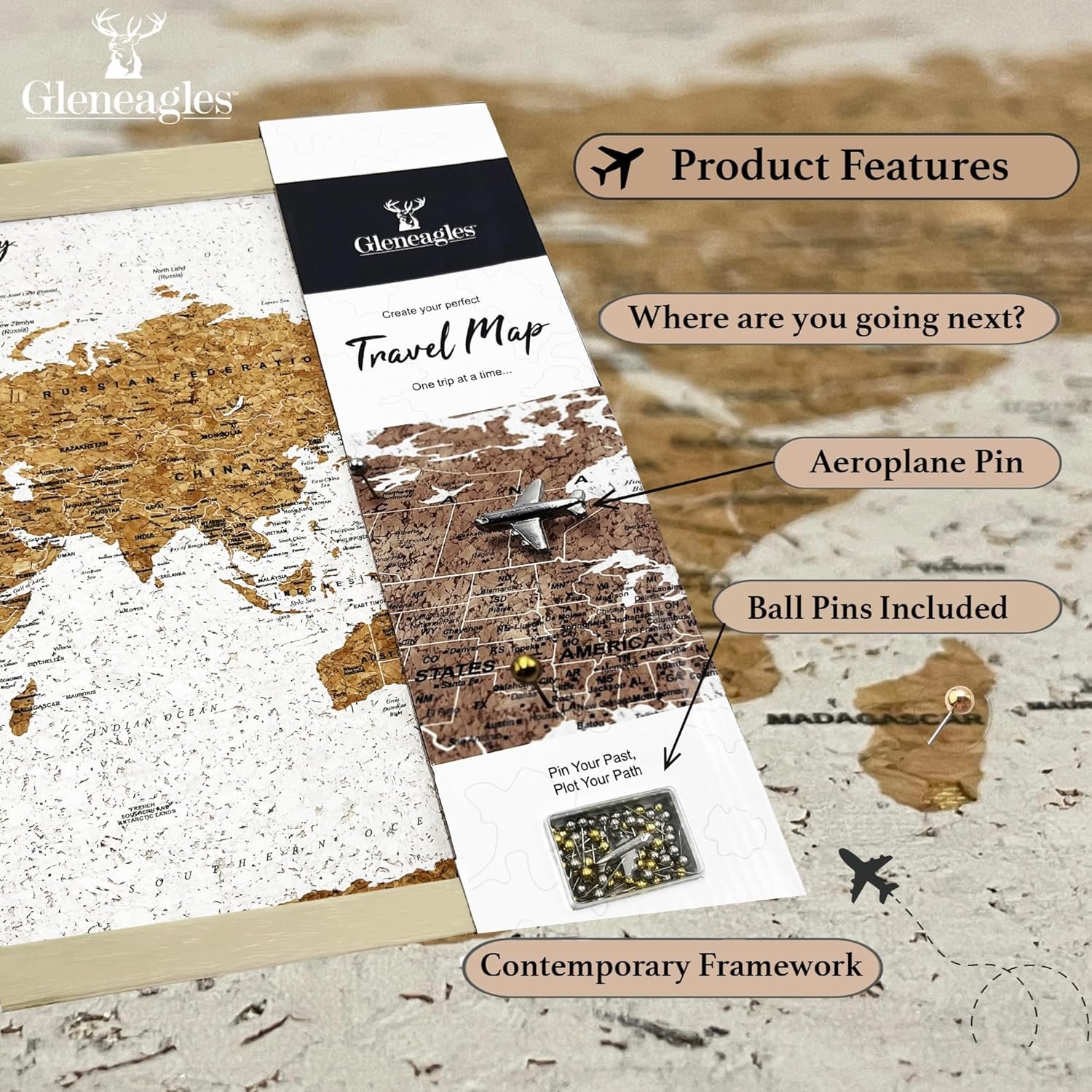 Gleneagles World Travel Map & Pin Board Beige - Framed Pinboard Cork Wooden Design 70 Push Pins Included | 14.2'' x 21.2'' Personalised Home Wanderlust Wall Art Decor for Travelers Geography - Image 6
