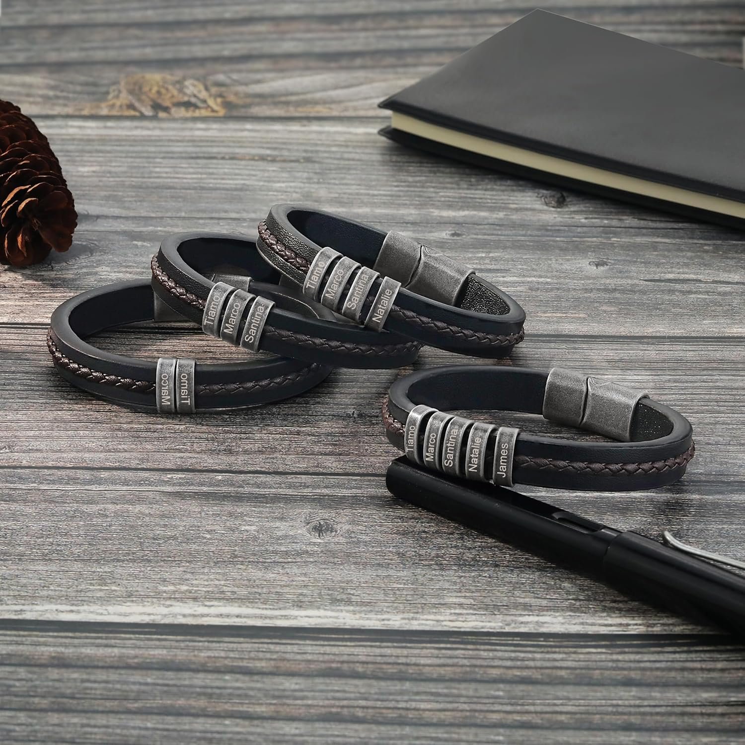 Personalized Custom Name Bracelets for Men - Mens Leather Bracelet with 2-5 Kids Names Customized Gifts for Dad Husband Boyfriend Son - Image 4