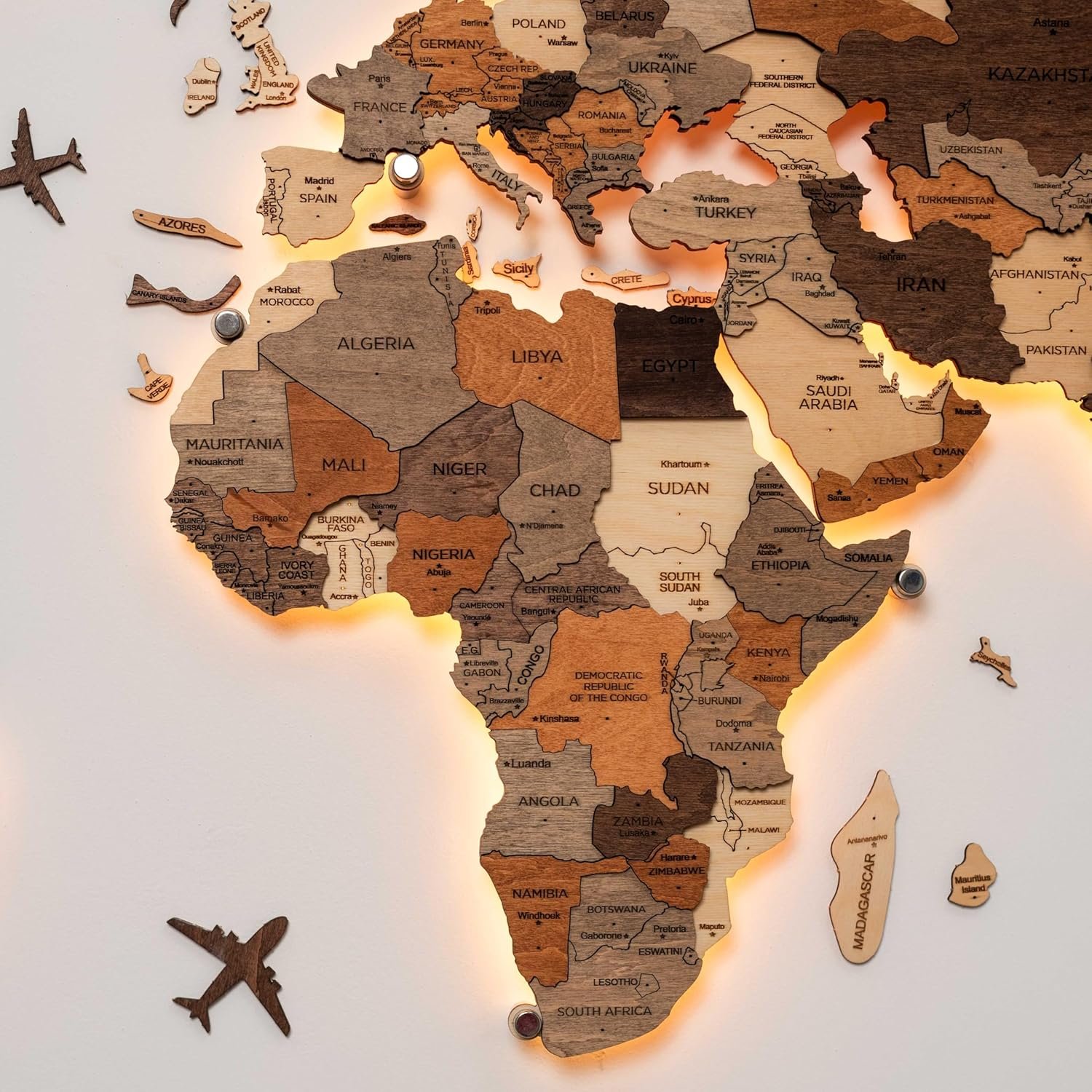 Enjoy The Wood 3D LED 3.0 Wood World Map Wall Art Modern Home Decor Gifts LED Lighting Wall Decor Housewarming Gift Idea Travel Wooden Maps Pinboard with Backlighting (Wall Art) - Image 2