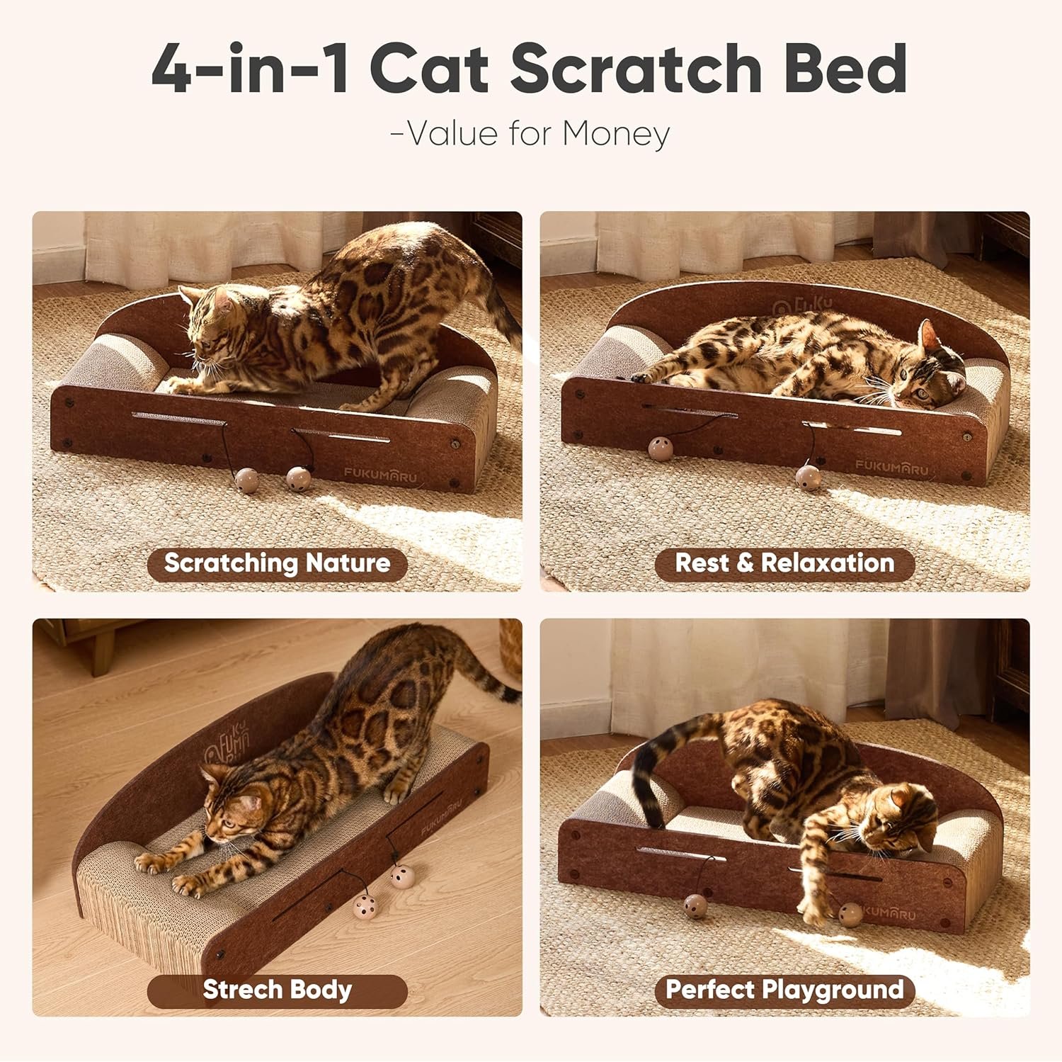 FUKUMARU 26 Inch Cat Scratcher Bed, 2 Reversible Cardboard Cat Scratch Pads Refill for Indoor Cats, Durable Large Cats Scratching Bed Sofa Couch Lounger with Fun Toys, Furniture Protector, Caramel - Image 2