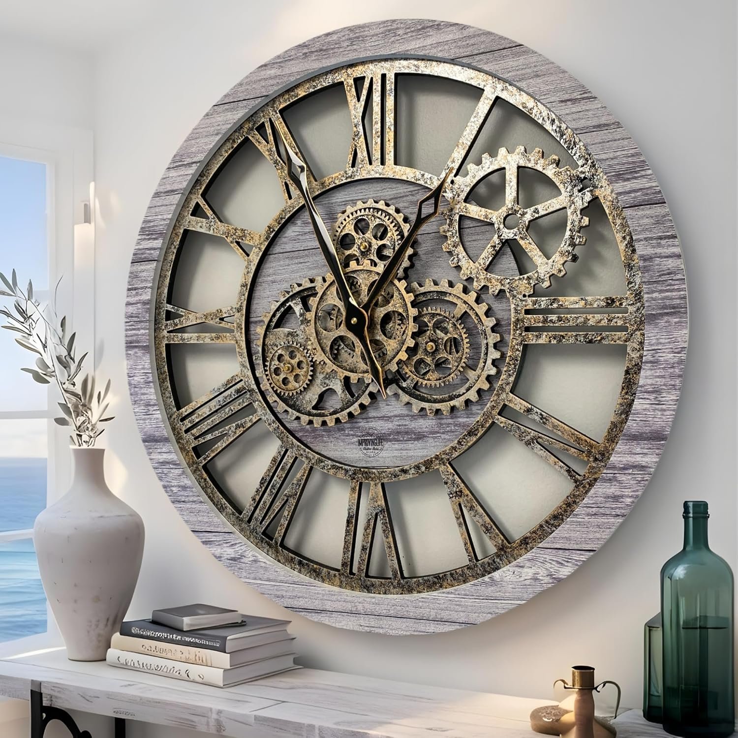 The Gear Clock - The Original Real Gears Moving Vintage Industrial Large Size Rustic Wall Clock (24 Inch, 60 cm), Silver Grey