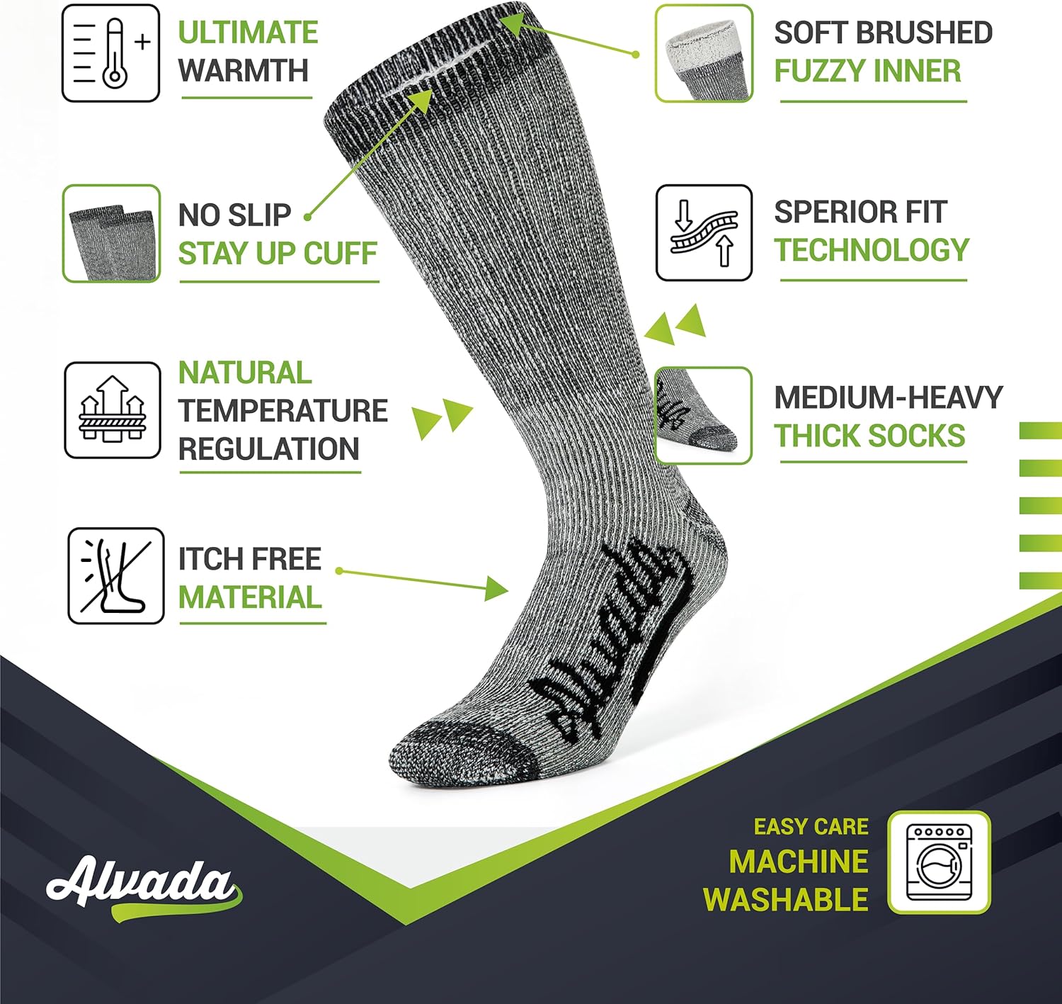 Alvada Merino Wool Hiking Socks Thermal Warm Crew Winter Boot Sock For Men & Women 3 Pairs - Image 2