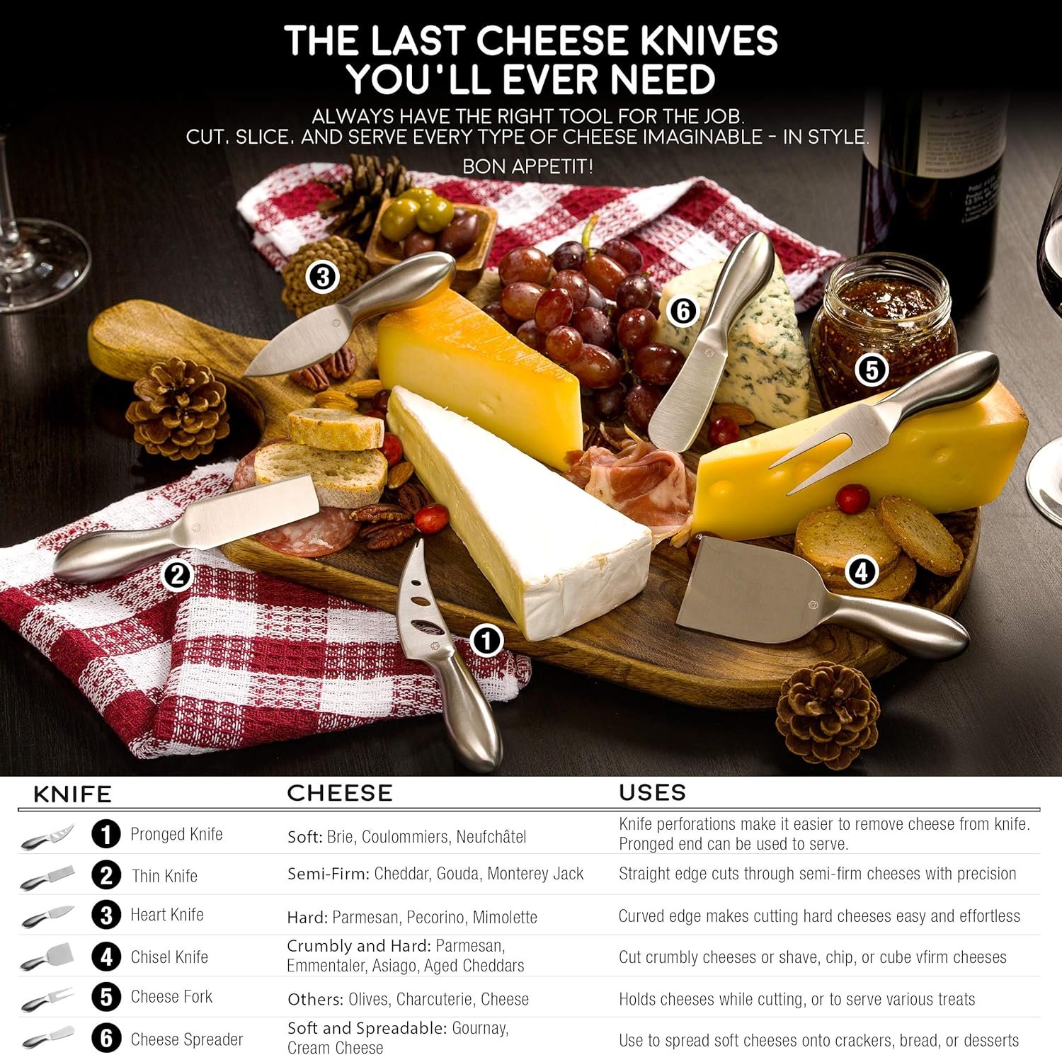Lunar 6-Piece Cheese Knife Set - Premium Stainless Steel Cheese Knives Collection - Charcuterie Board Accessories Gift Ready w/ 15 Festive Recipes - Image 5
