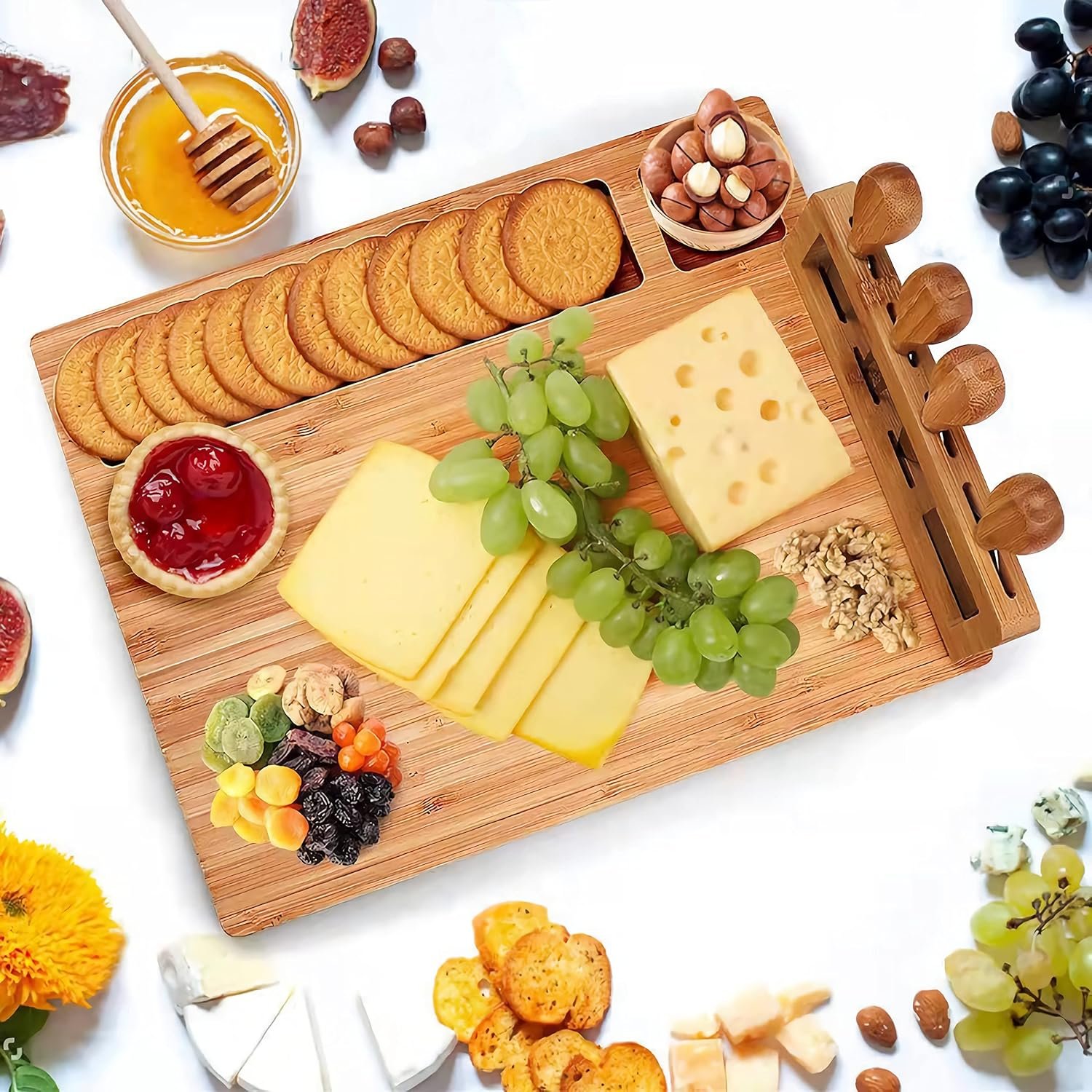 Cheese Board and Knife Set,Bamboo Charcuterie Board,Wine Meat Cheese Platter Serving Board with 4 Stainless Steel Knife,Wooden Cheese Tray,Cheese Plate Set,Perfect for Birthday,Housewarming Gift - Image 7