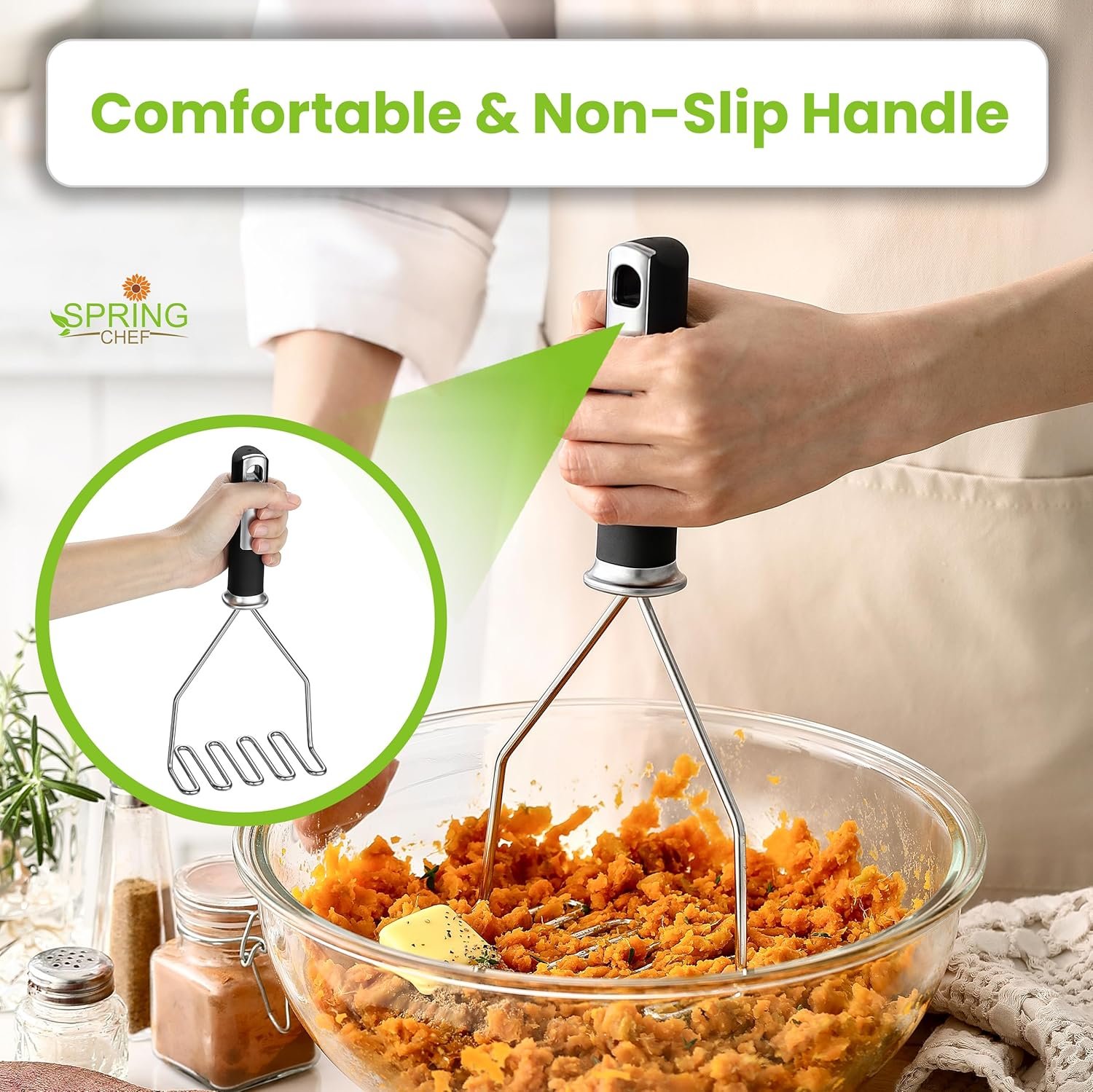 Spring Chef Potato Masher Stainless Steel - Heavy Duty Mashed Potato Masher Kitchen Tool - Fruit & Food Smasher For Avocado, Banana, Eggs - Bean Smasher Tool - Durable Metal Mashing Utensil - Image 4
