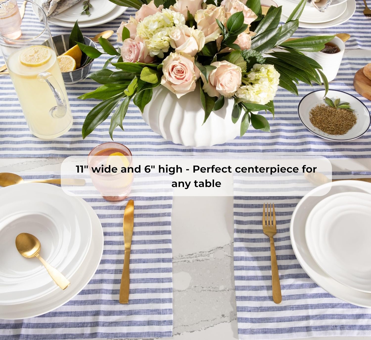 Pots & Patterns 11" Large White Ceramic Flower Vase - Modern Ribbed Low Profile Centerpiece for Dining Table & Home Decor - Image 4