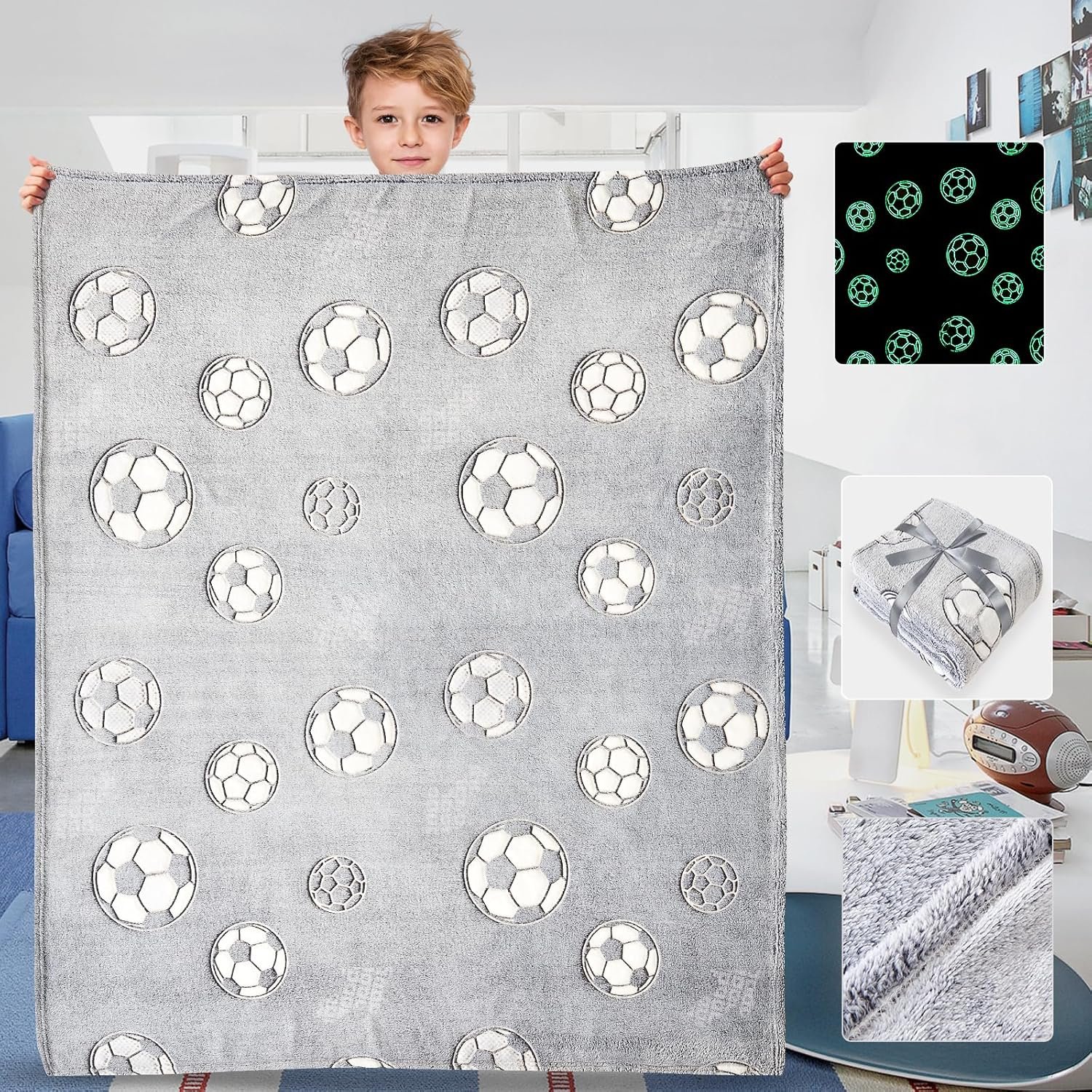 Wajade Glow in The Dark Soccer Throw Blanket for Kids, Soft Fleece Dino Throw Blanket for Christmas Thanksgiving Birthday Decor Luminous Throw 50"x60" - Image 7