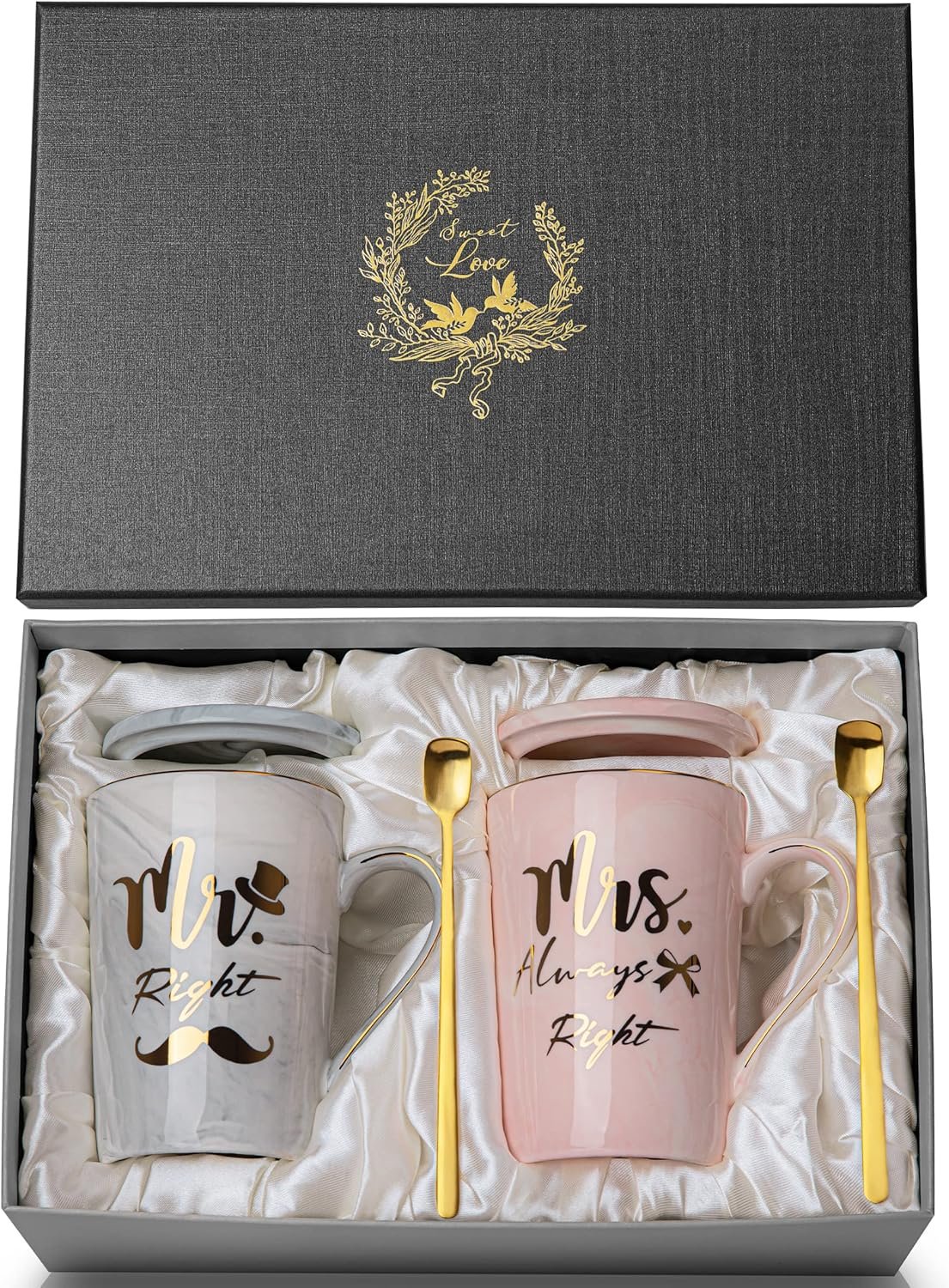 Mr Right and Mrs Always Right Couples Mugs Gifts Set for Wedding, Engagement, Newlyweds Anniversary, Bridal Shower, 14oz Ceramic Marble Mugs with Golden Pattern, Microwave, Dishwasher Safe