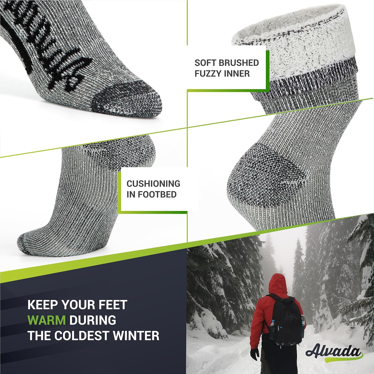 Alvada Merino Wool Hiking Socks Thermal Warm Crew Winter Boot Sock For Men & Women 3 Pairs - Image 4