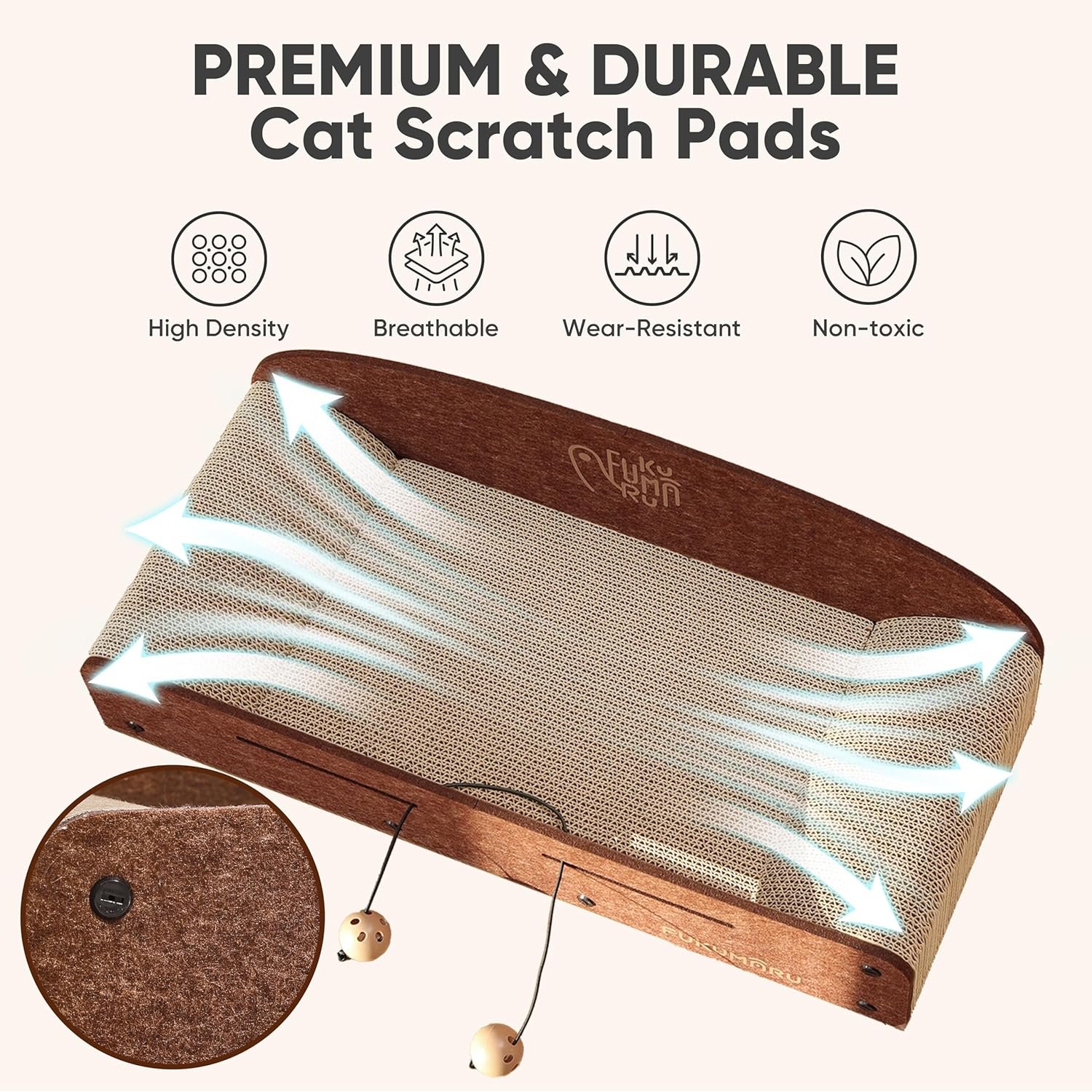 FUKUMARU 26 Inch Cat Scratcher Bed, 2 Reversible Cardboard Cat Scratch Pads Refill for Indoor Cats, Durable Large Cats Scratching Bed Sofa Couch Lounger with Fun Toys, Furniture Protector, Caramel - Image 5