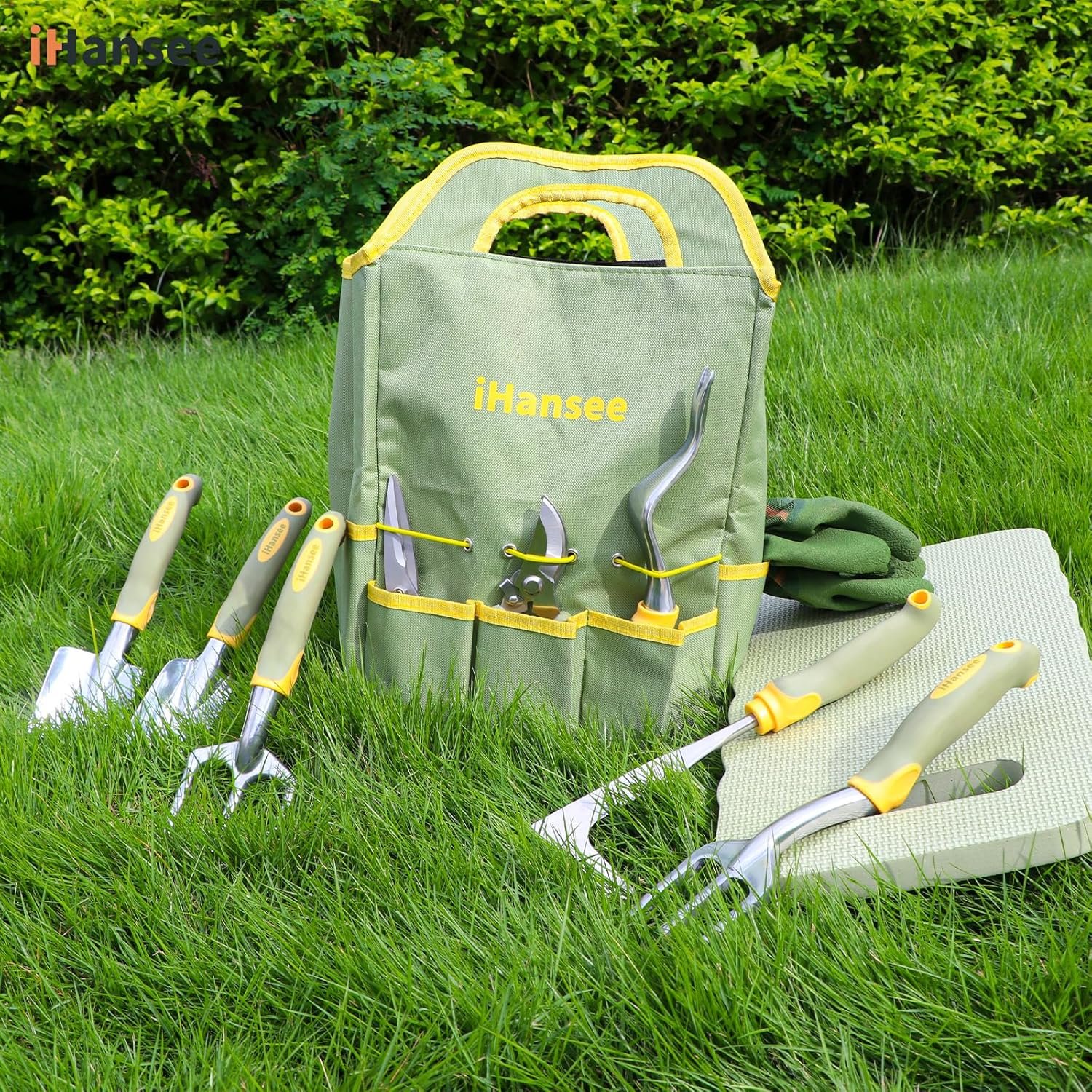 Set of 12 Garden Tools, iHansee Heavy-Duty Aluminum Gardening Tools Set with Rubber Non-Slip Handle, Garden Apron, Gloves, Kneeling Pad & Storage Bag, Ideal Gardening Gifts for Women Men Gardeners - Image 8