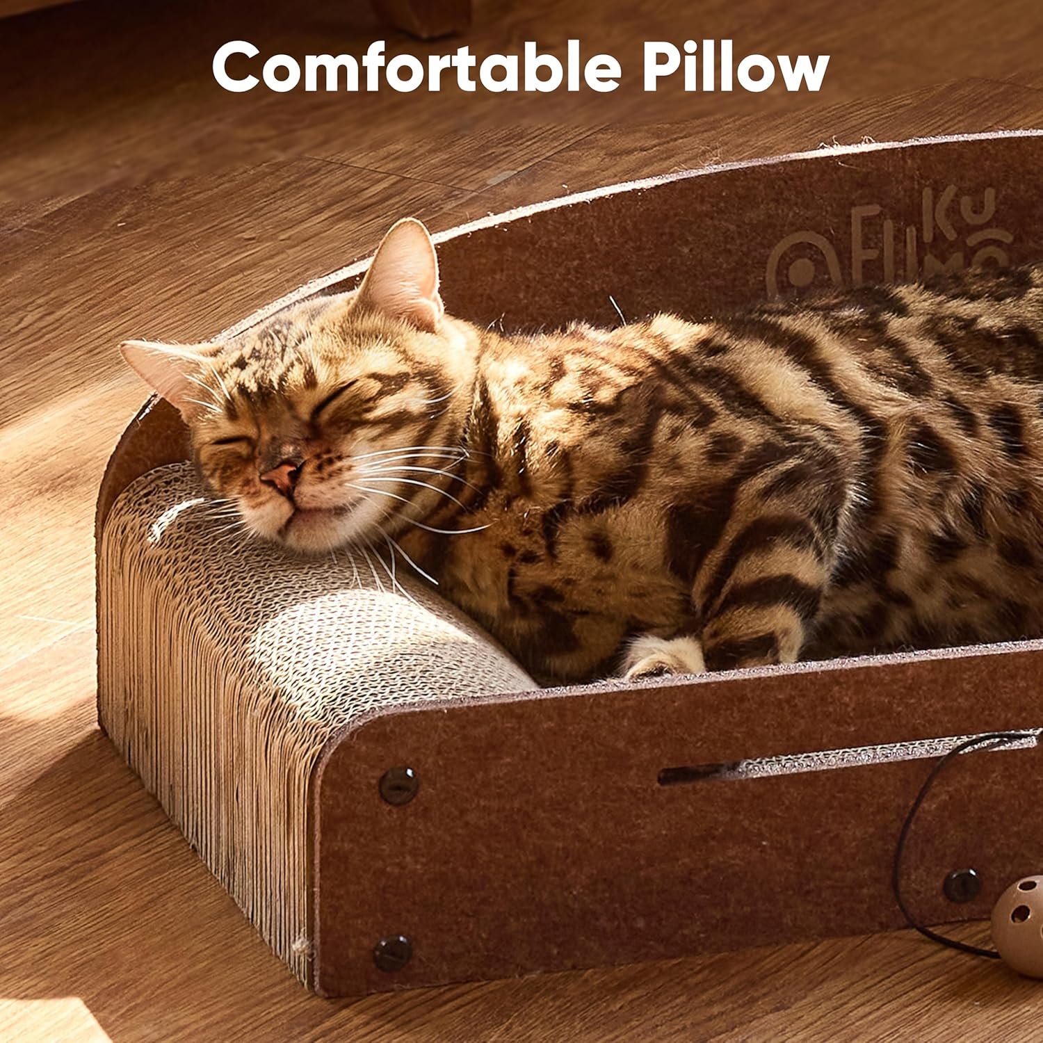 FUKUMARU 26 Inch Cat Scratcher Bed, 2 Reversible Cardboard Cat Scratch Pads Refill for Indoor Cats, Durable Large Cats Scratching Bed Sofa Couch Lounger with Fun Toys, Furniture Protector, Caramel - Image 3