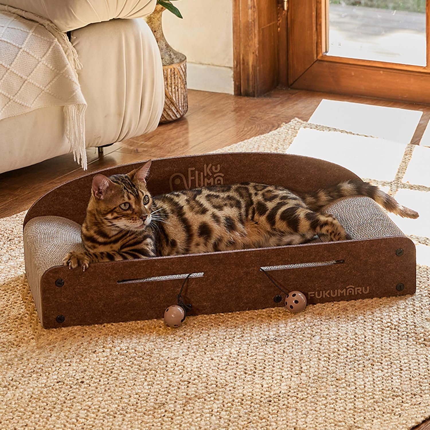 FUKUMARU 26 Inch Cat Scratcher Bed, 2 Reversible Cardboard Cat Scratch Pads Refill for Indoor Cats, Durable Large Cats Scratching Bed Sofa Couch Lounger with Fun Toys, Furniture Protector, Caramel - Image 9