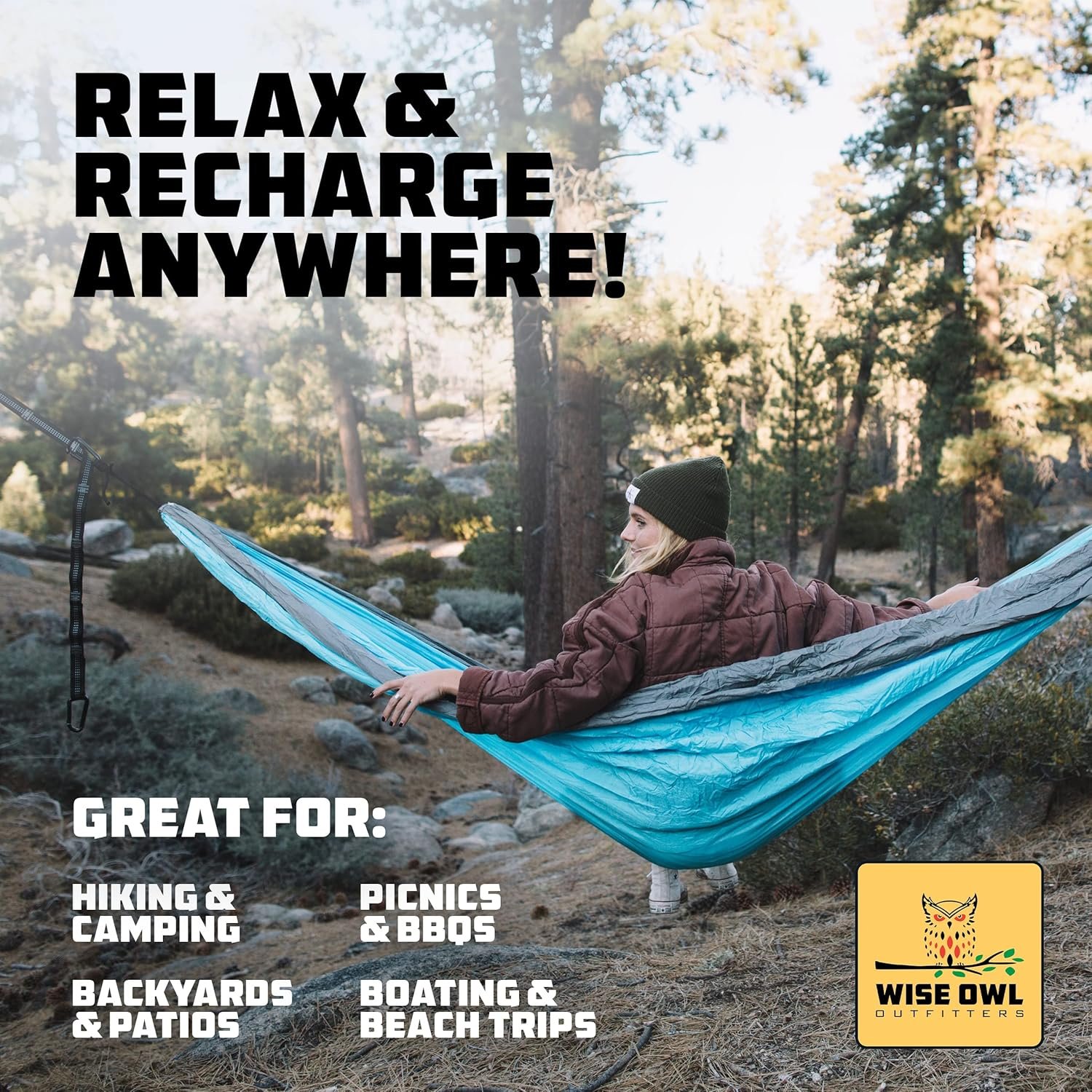Wise Owl Outfitters Camping Hammock – up to 500lbs Portable Hammock with Tree Straps - Travel, Backpacking, Hiking, Outdoors Camping Gear - Single or Double - Image 6