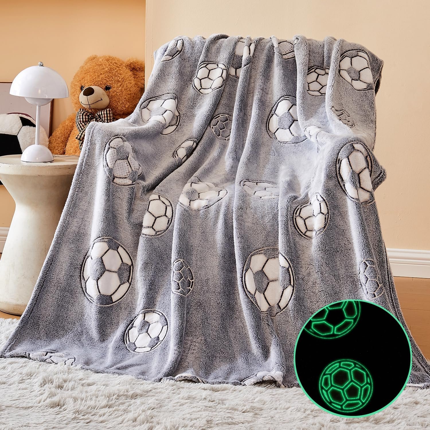 Wajade Glow in The Dark Soccer Throw Blanket for Kids, Soft Fleece Dino Throw Blanket for Christmas Thanksgiving Birthday Decor Luminous Throw 50"x60"