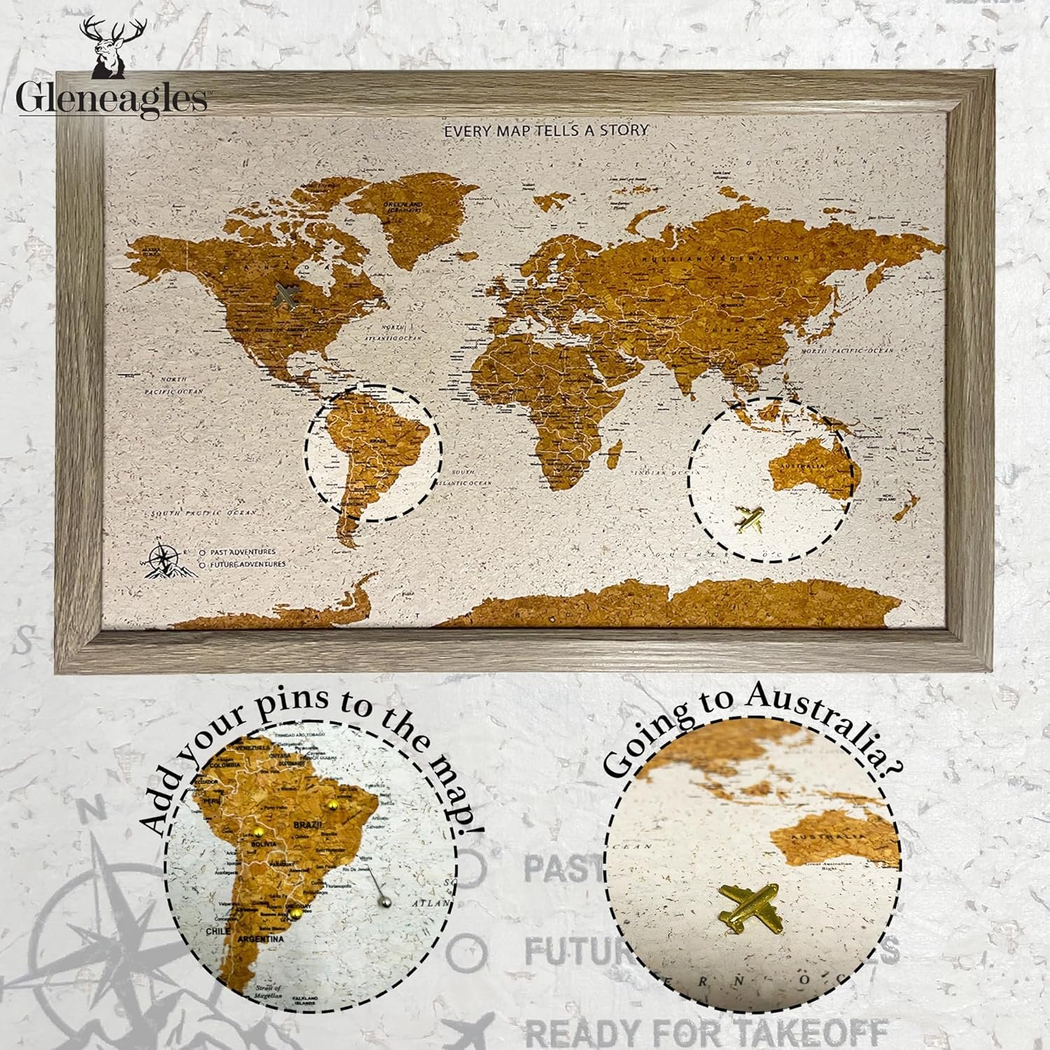 Gleneagles World Travel Map & Pin Board Beige - Framed Pinboard Cork Wooden Design 70 Push Pins Included | 14.2'' x 21.2'' Personalised Home Wanderlust Wall Art Decor for Travelers Geography - Image 3