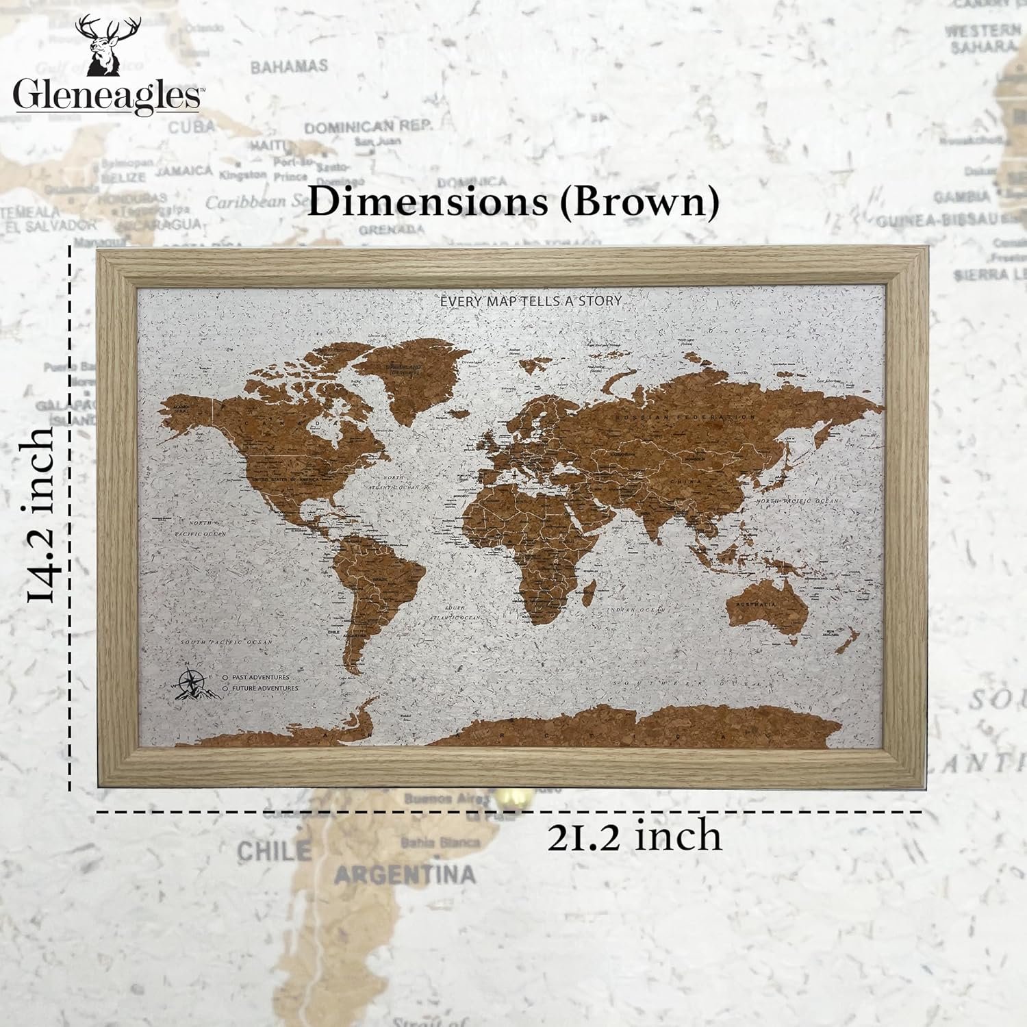 Gleneagles World Travel Map & Pin Board Beige - Framed Pinboard Cork Wooden Design 70 Push Pins Included | 14.2'' x 21.2'' Personalised Home Wanderlust Wall Art Decor for Travelers Geography - Image 2