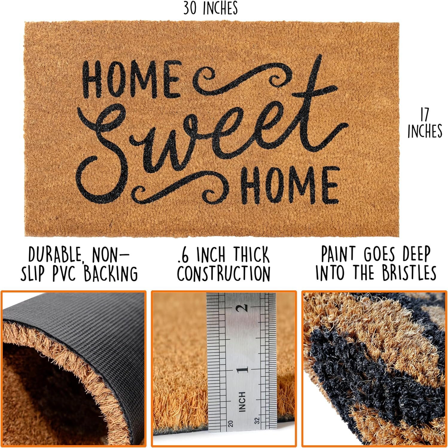 MAINEVENT Home Sweet Home Coir Doormat 30x17 Inch, Welcome Matt Outdoor w/Non-Slip PVC Backing, Outdoor Welcome Mat - Image 3
