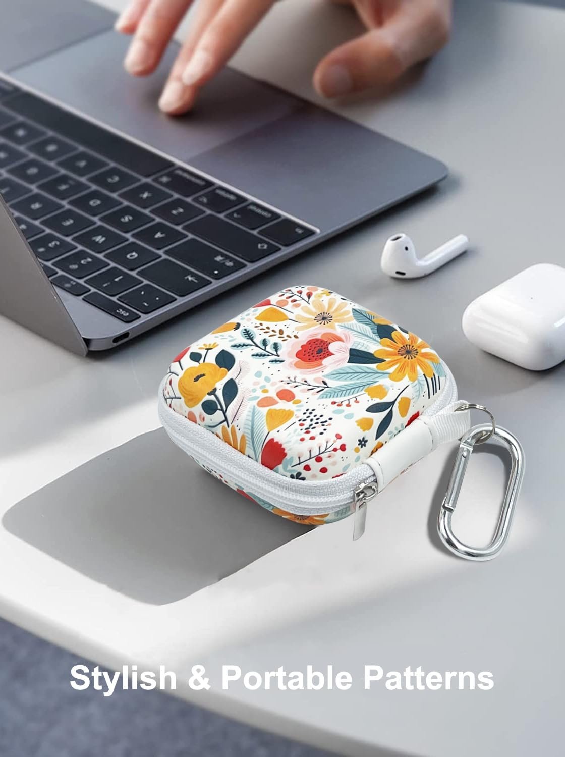 Earbud Case Headphone Organizer Ear Bud Case Portable EVA Carrying Box Storage Bag with Carabiner for AirPods Beats Bose Galaxy Buds 4/3/FE Data Cable Storage (Blooming Floral) - Image 5