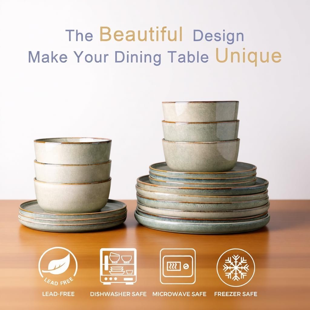 AmorArc Stoneware Dinnerware Sets,Round Reactive Glaze Ceramic Plates and Bowls Set,Highly Scratch Resistant | Dishwasher & Microwave Safe Dishes,Service for 6 (18pc) - Image 2