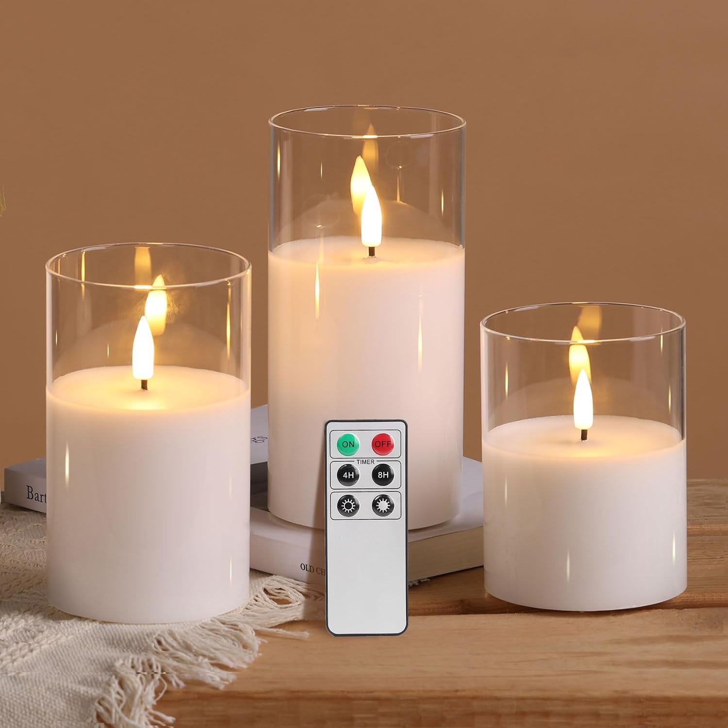 Eywamage Clear Glass Flameless Candles with Remote – Set of 3, White Flickering LED Pillar Candles